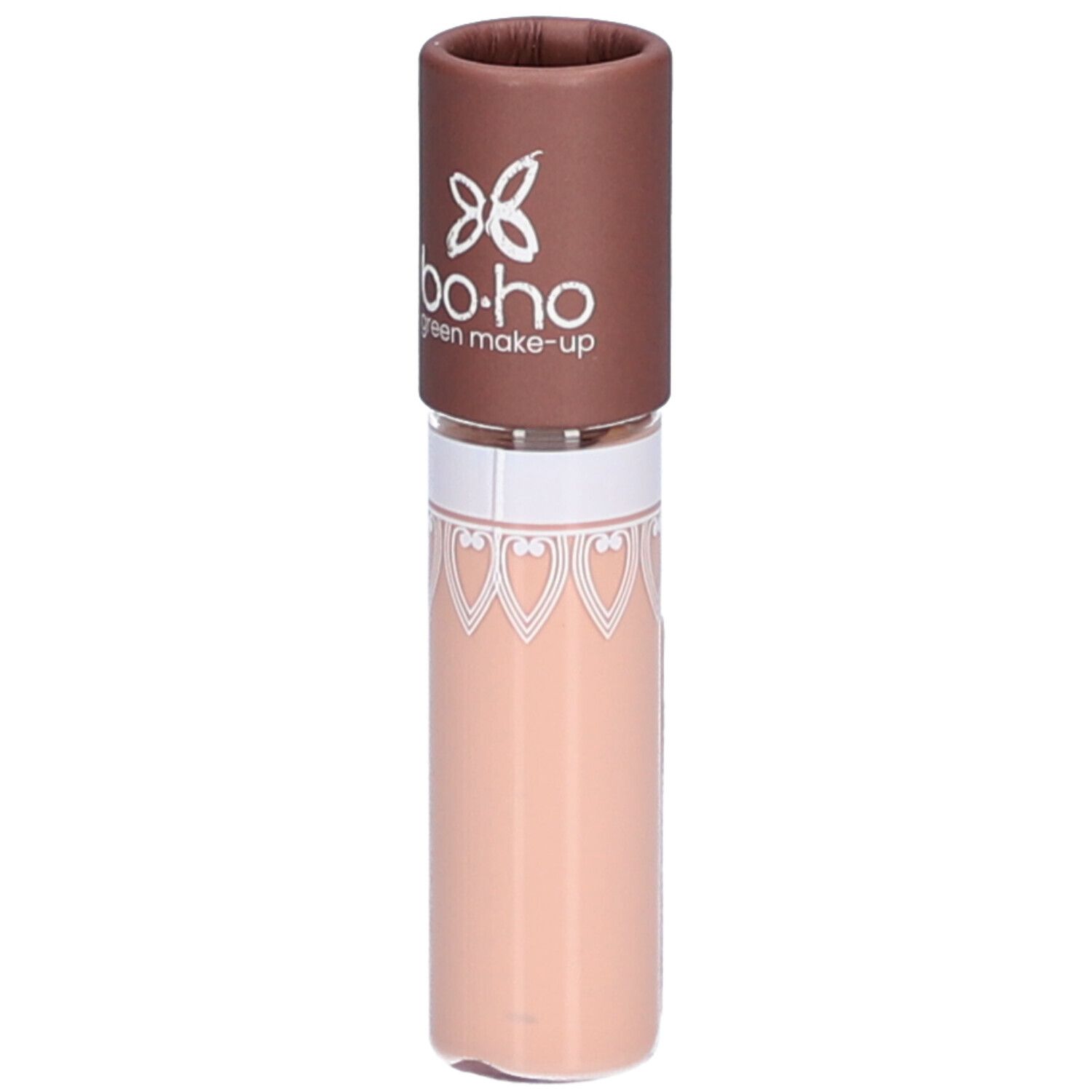 Base Paupières beige en tube. Bouchon marron avec logo. Récipient transparent avec liquide beige. Boho Green Make-up.