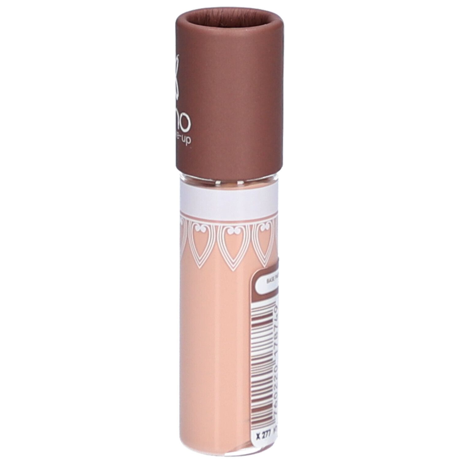 Base Paupières en tube. Bouchon marron. Liquide beige. Étiquette produit avec code-barres et texte. Boho Green Make-up.