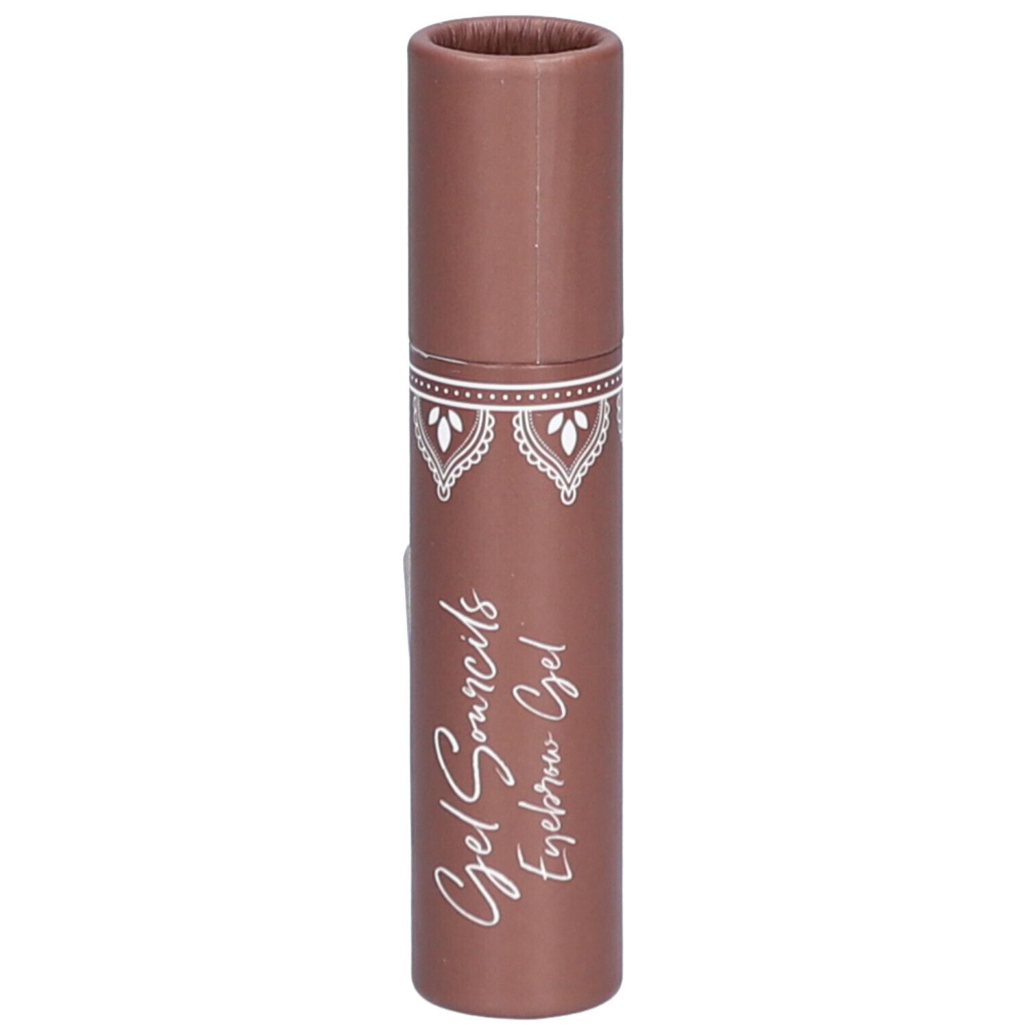 Gel transparent pour sourcils dans un tube marron. Inscription: Gel Sourcils Eyebrow Gel.