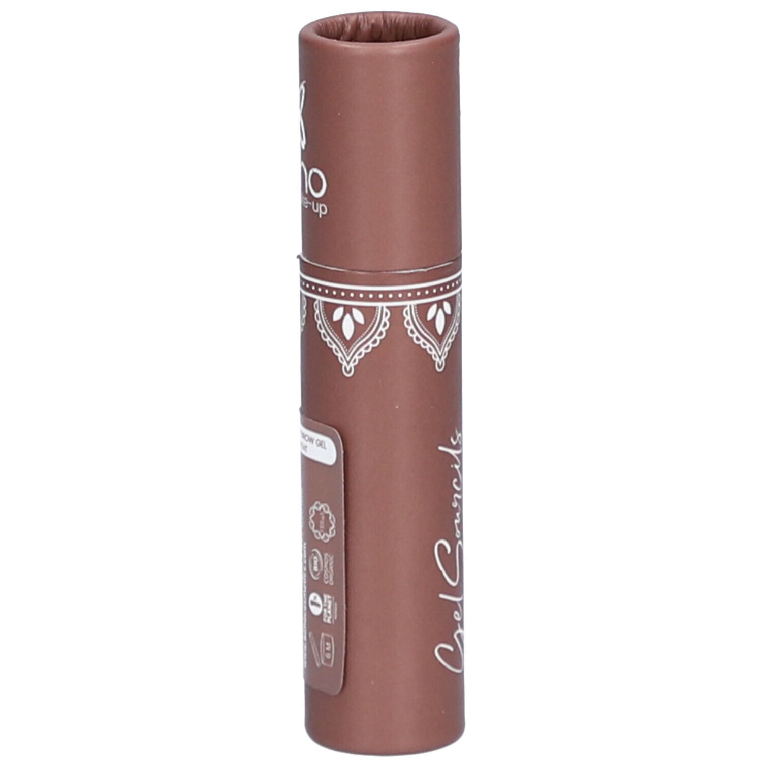 Gel pour sourcils marron. Inscription: Gel Sourcils Eyebrow Gel. Logo et texte: bo.ho green make-up.