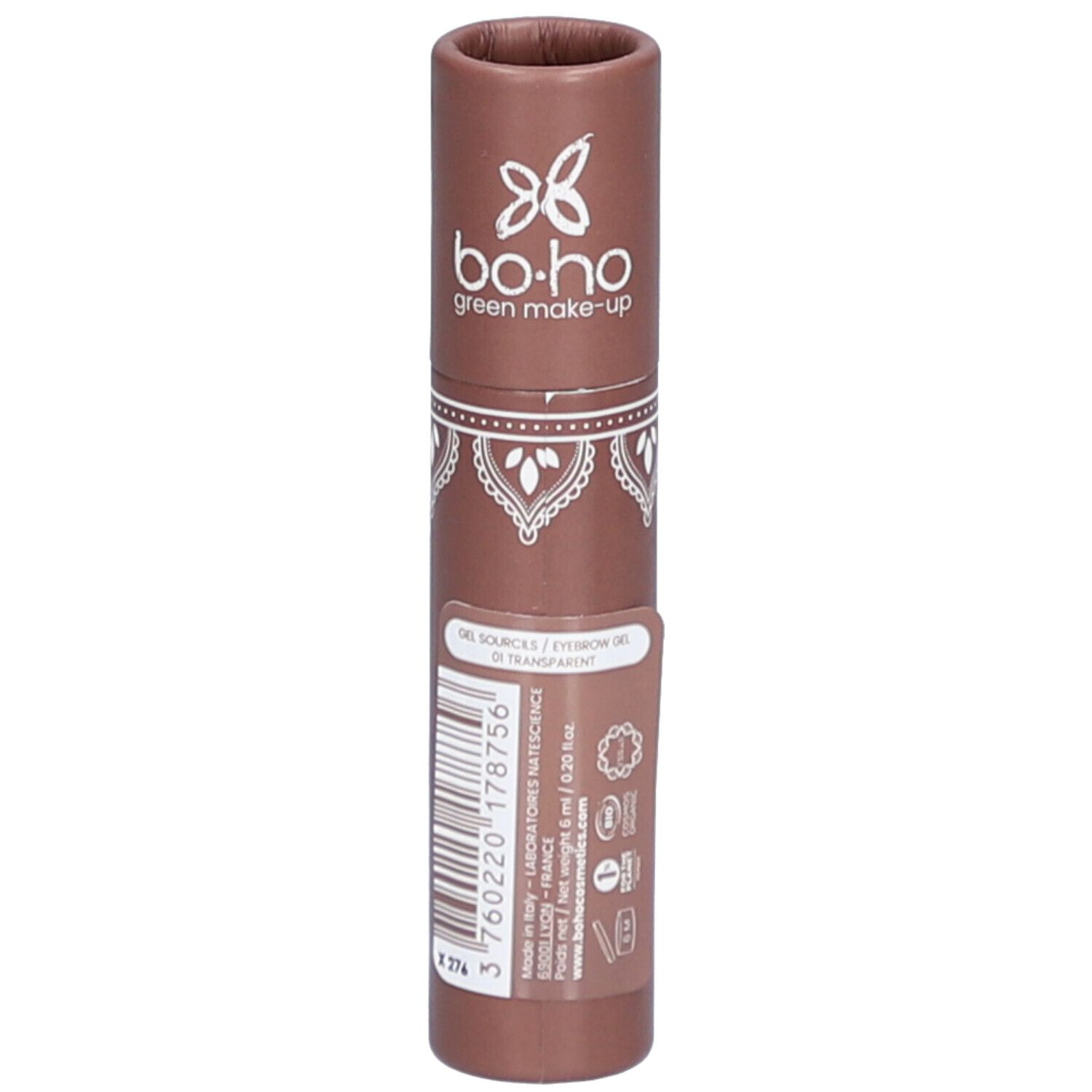 Gel pour sourcils marron. Inscription: Gel Sourcils Eyebrow Gel. Logo et texte: bo.ho green make-up. Informations produit.