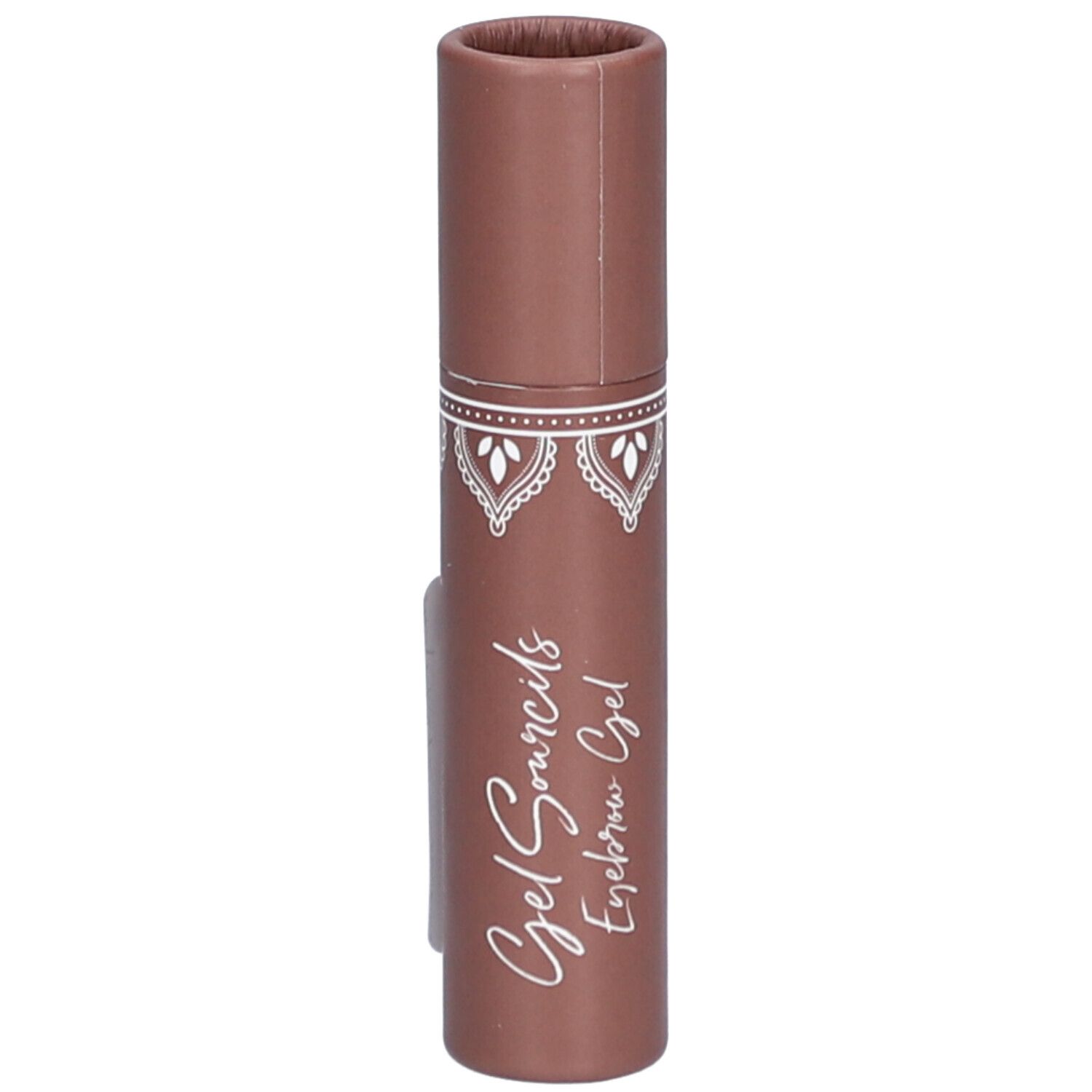 Gel transparent pour sourcils dans un tube marron. Inscription: Gel Sourcils Eyebrow Gel.