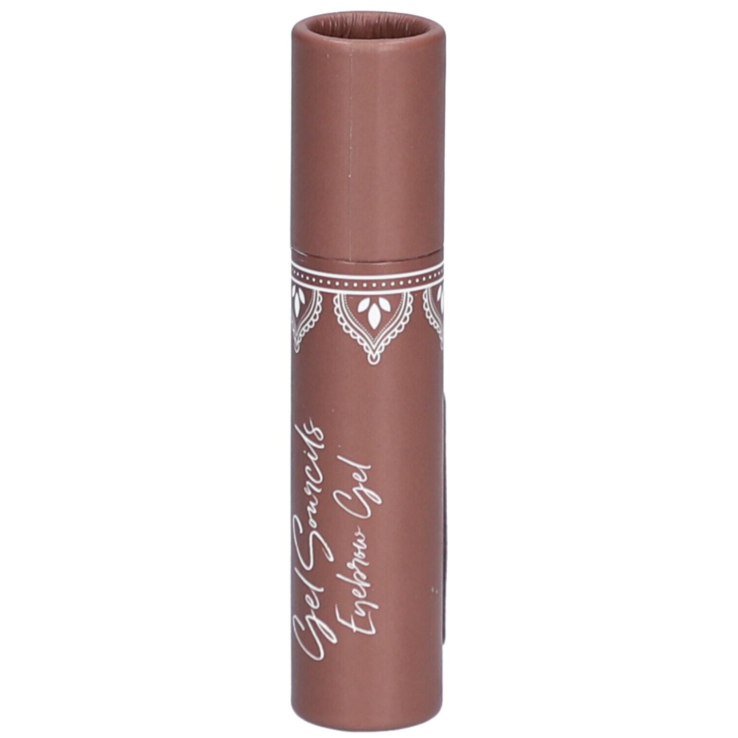 Gel transparent pour sourcils dans un tube marron. Inscription: Gel Sourcils Eyebrow Gel.