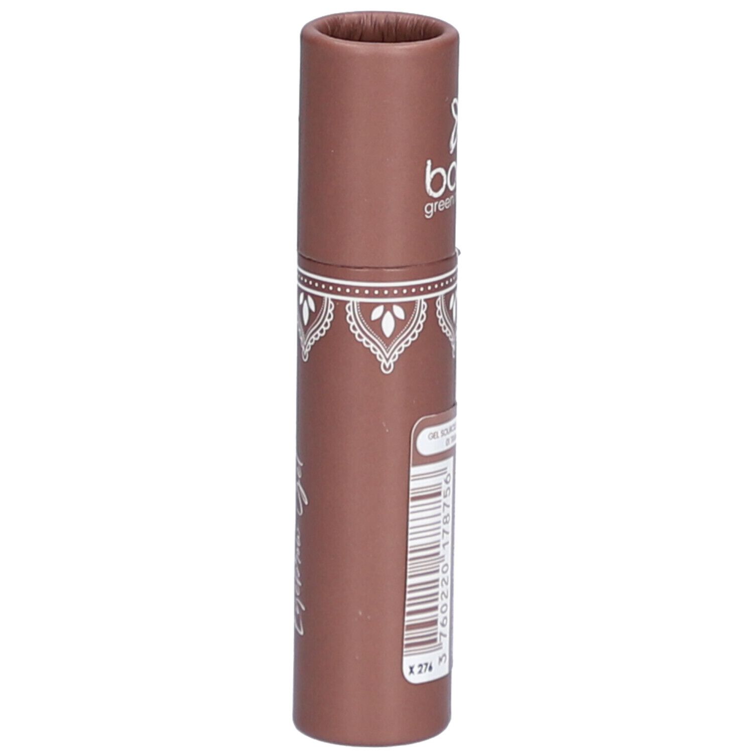Gel pour sourcils marron. Inscription: Gel Sourcils Eyebrow Gel. Logo et texte: bo.ho green make-up. Informations produit.