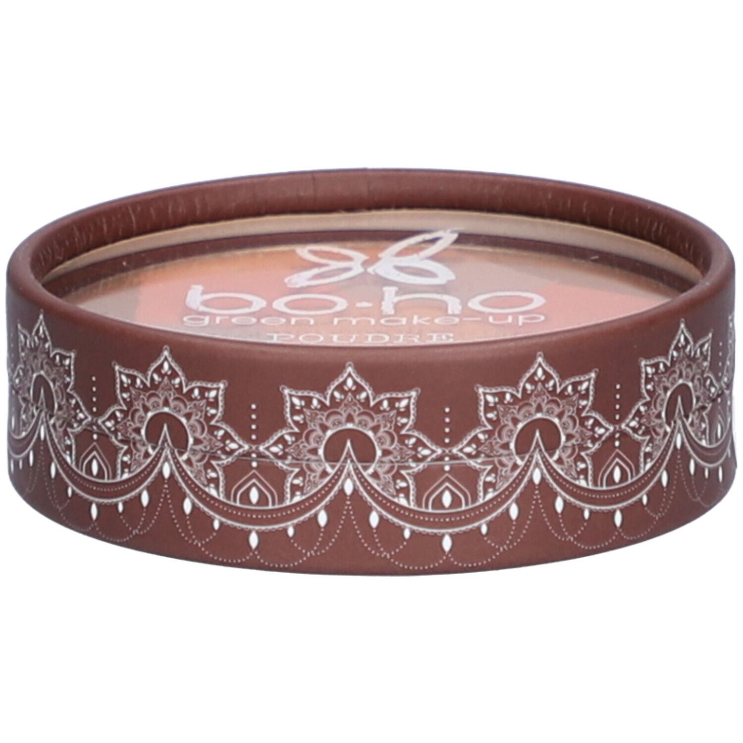 Emballage rond marron avec motif blanc. Logo et texte en haut.