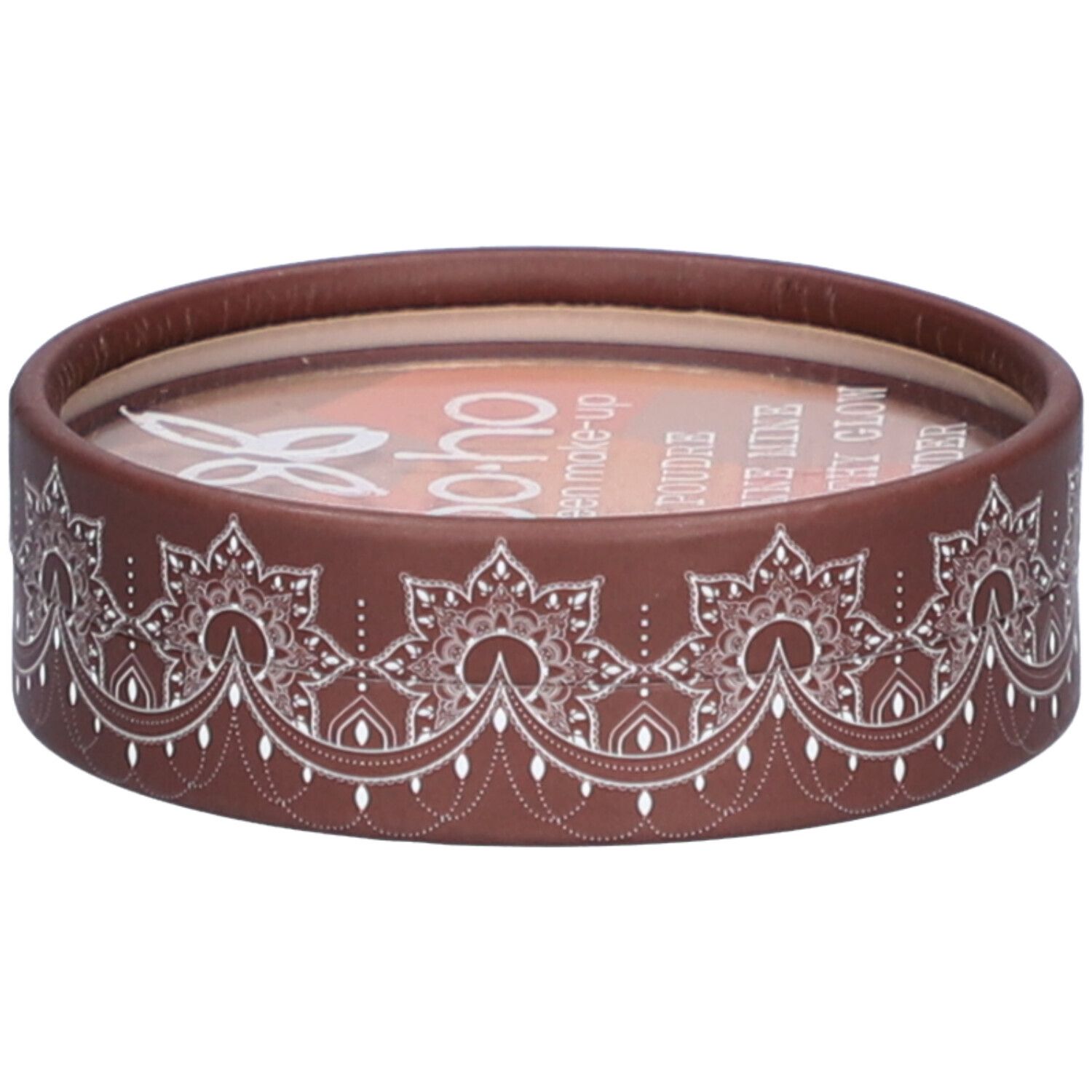 Emballage rond marron avec motif blanc. Logo et texte en haut.