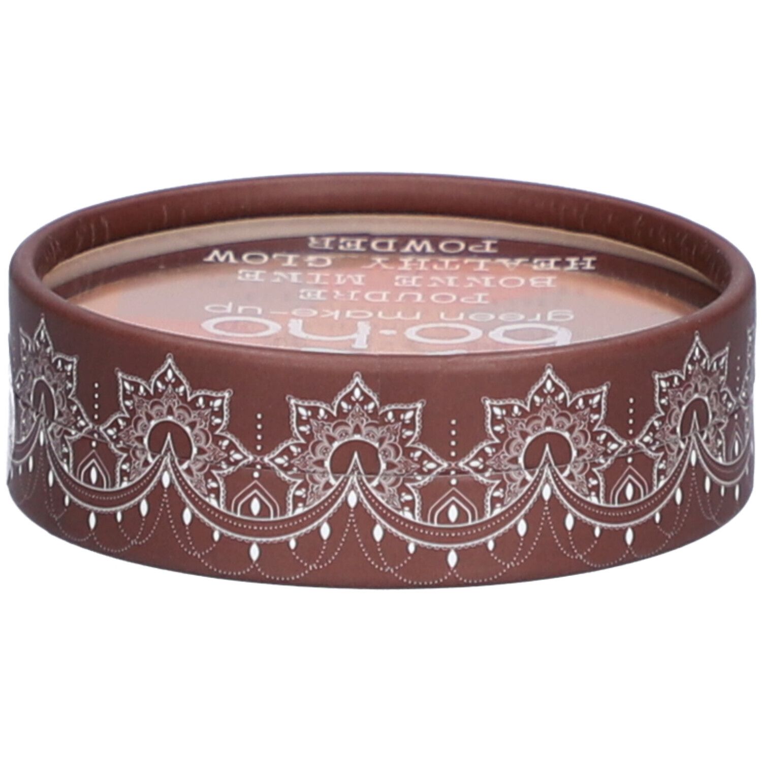 Emballage rond marron avec motif blanc. Logo et texte en haut.