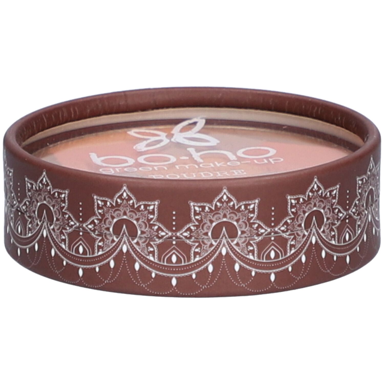 Emballage rond marron avec motif blanc. Logo et texte en haut.