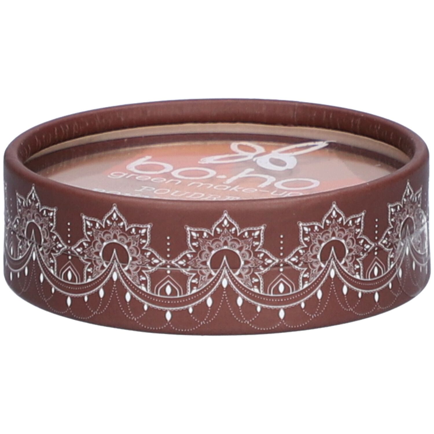 Emballage rond marron avec motif blanc. Logo et texte en haut.