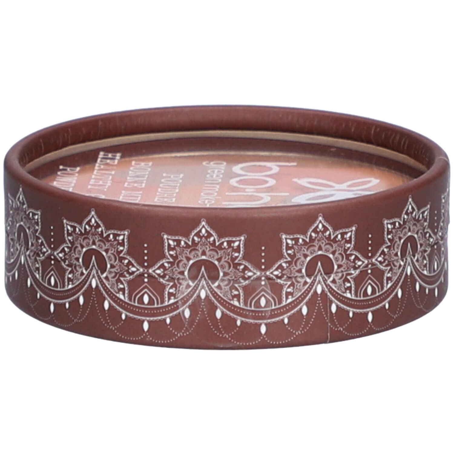Emballage rond marron avec motif blanc. Logo et texte en haut.