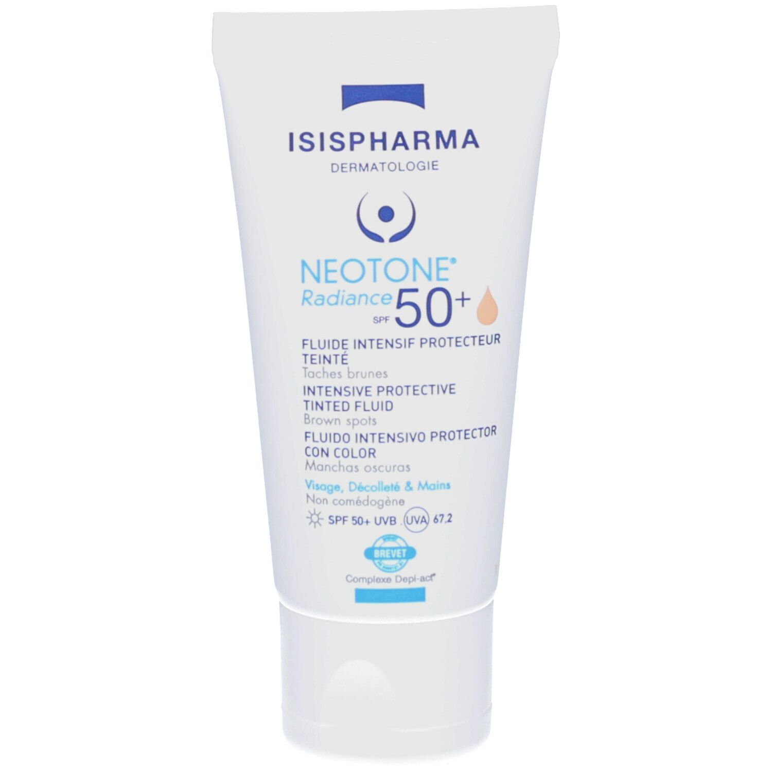 Tube blanc ISISPHARMA NEOTONE Radiance SPF50+. Protection solaire teintée, teinte Medium. Contient SPF50+.