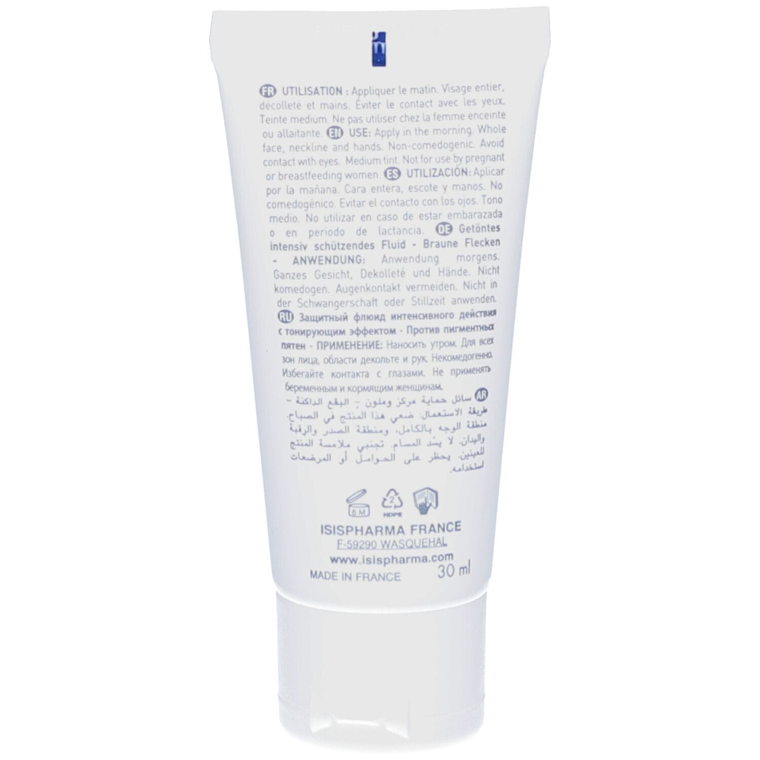 Dos du tube blanc. Texte multilingue : utilisation, ingrédients, adresse du fabricant et volume 30 ml.