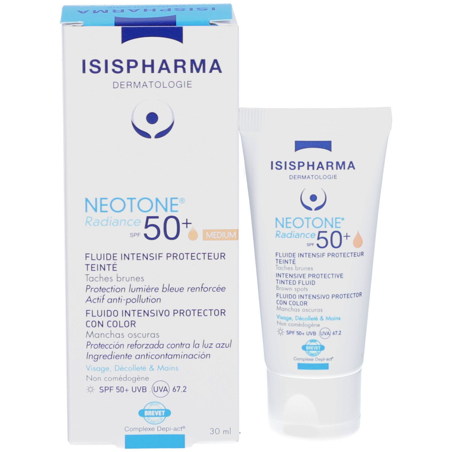 Emballage et tube. ISISPHARMA, NEOTONE Radiance SPF50+ Medium. Protection solaire et boîte.