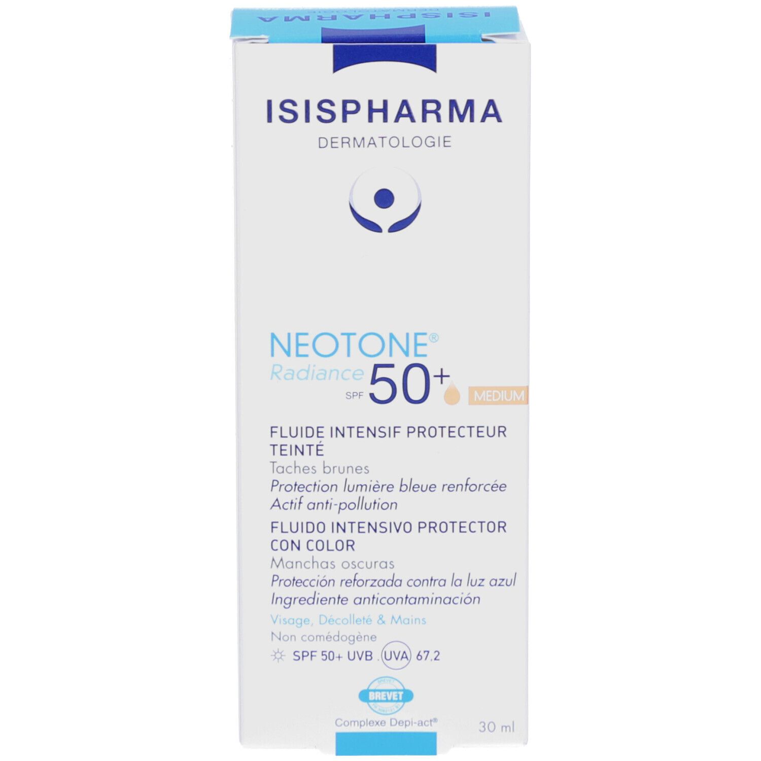 Emballage du produit. ISISPHARMA, NEOTONE Radiance SPF50+ Medium. Protection solaire. Texte et logo.