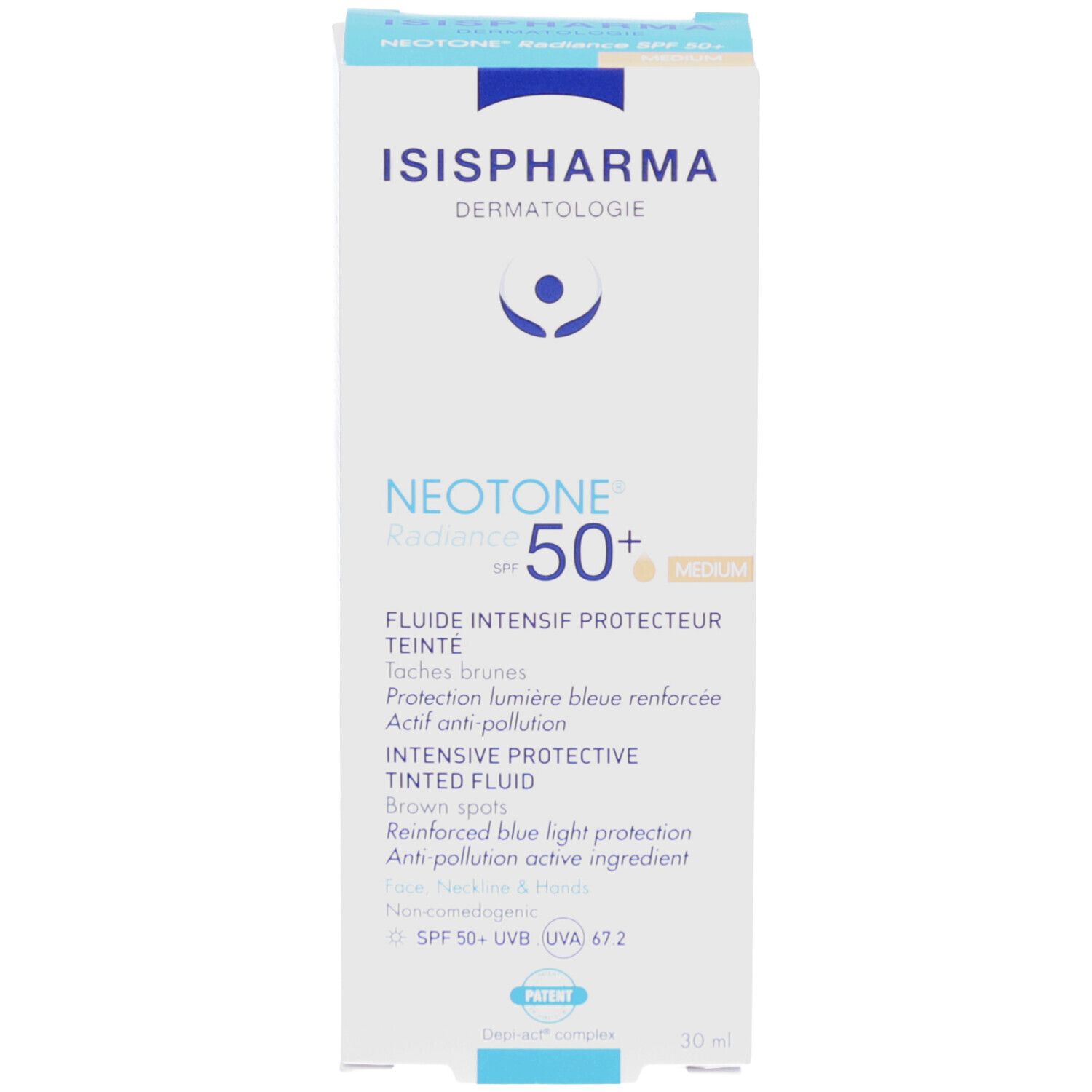 Emballage du produit. ISISPHARMA, NEOTONE Radiance SPF50+ Medium. Texte et logo. Vue détaillée.