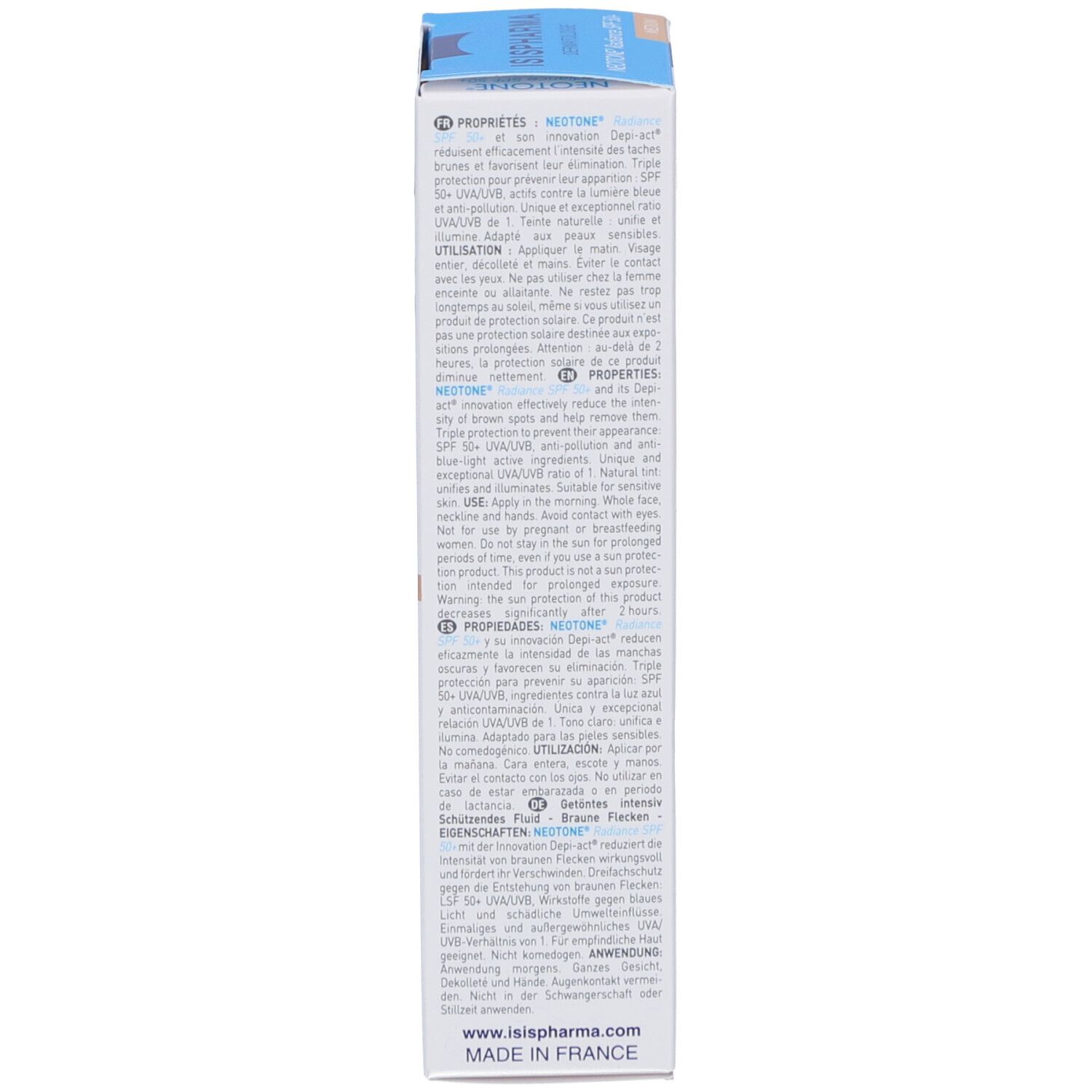 Emballage du produit. ISISPHARMA, NEOTONE Radiance SPF50+ Medium. Texte et informations. Vue détaillée.