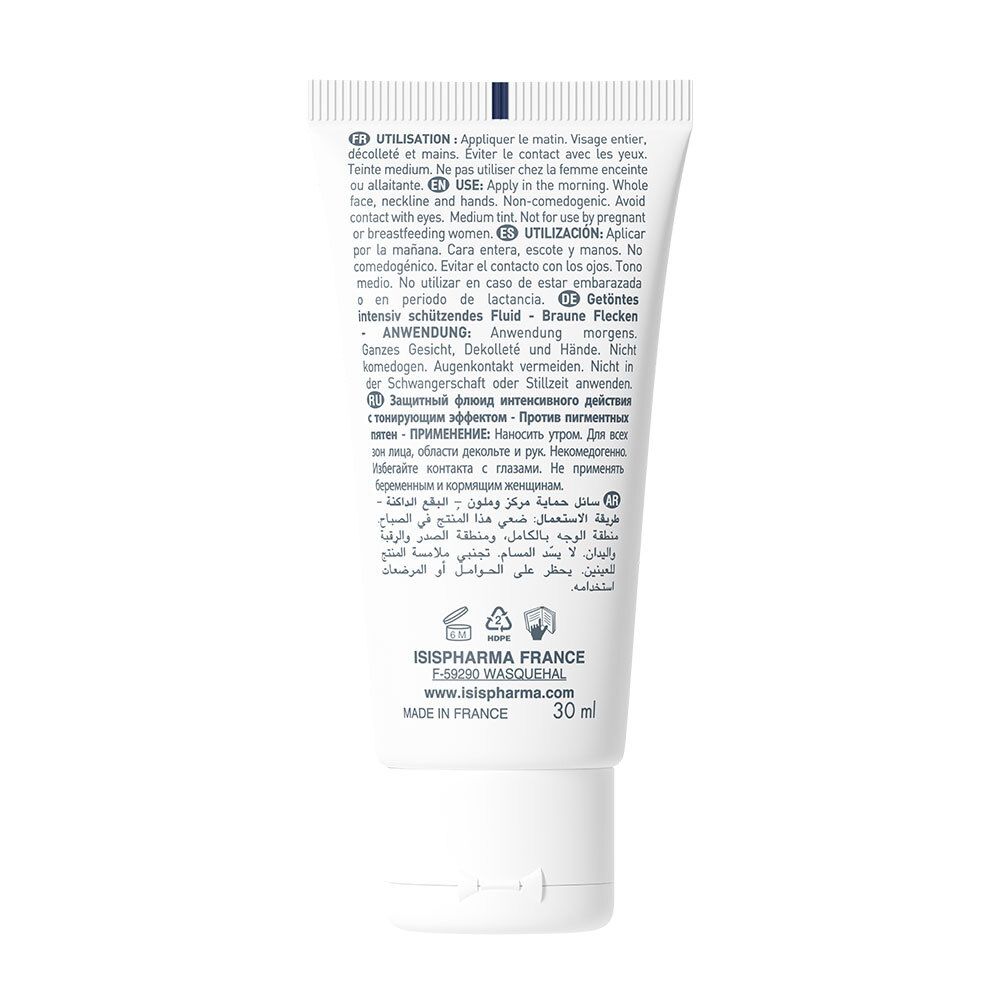 Dos du tube blanc. Texte multilingue : utilisation, ingrédients, adresse du fabricant et volume 30 ml.