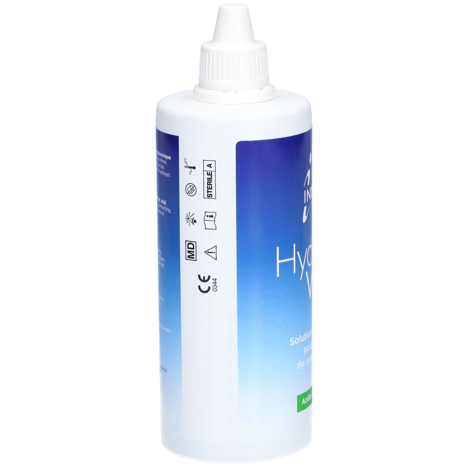 Flacon blanc avec bouchon. Étiquette bleue et blanche avec informations produit et certifications.