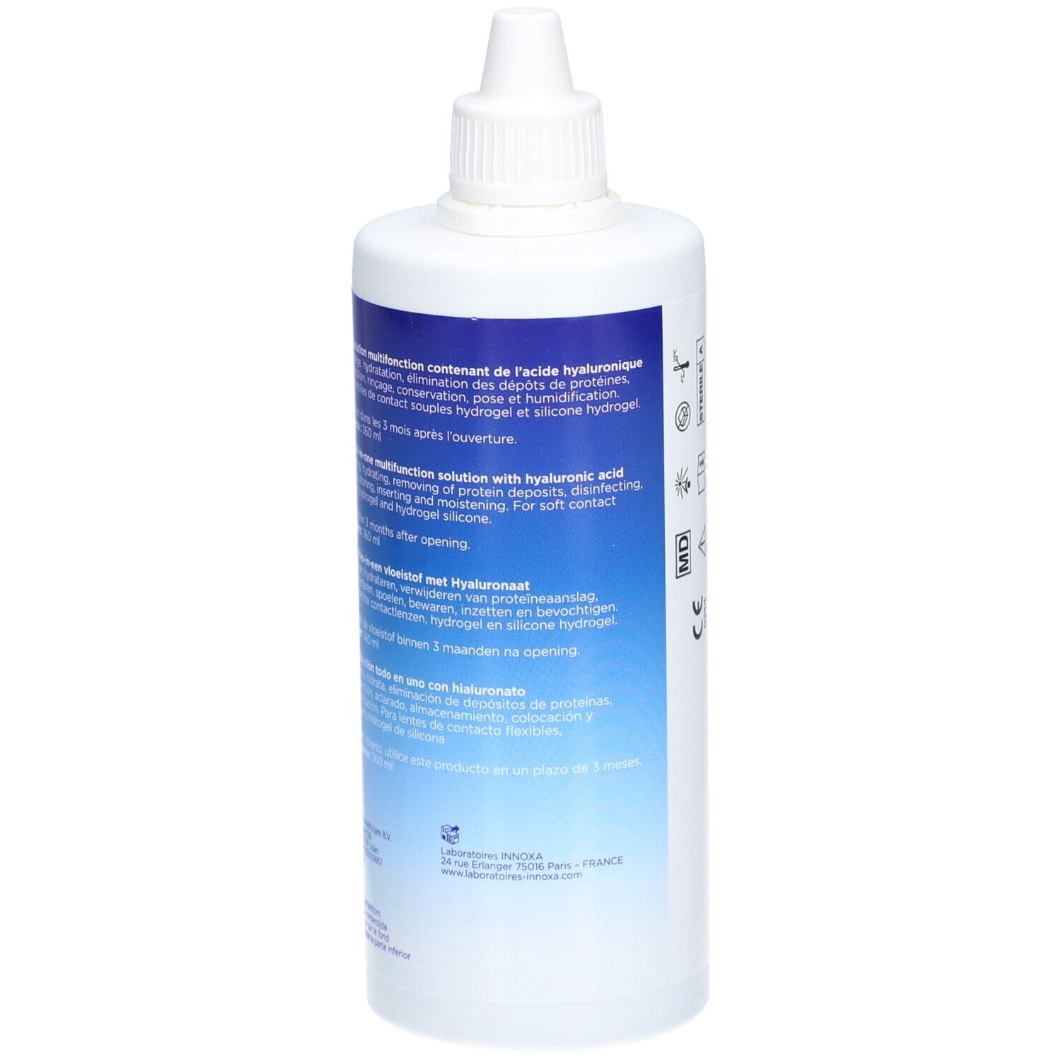 Flacon blanc avec bouchon. Dos avec informations produit en plusieurs langues.