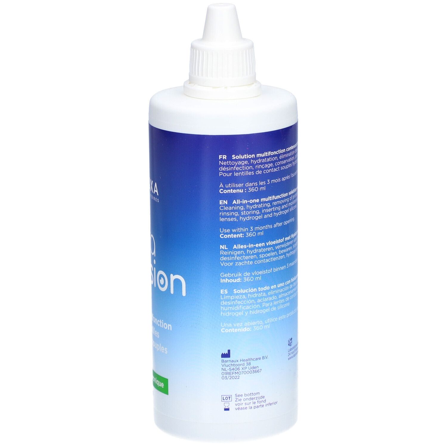 Flacon blanc avec bouchon. Dos avec informations produit en plusieurs langues. Volume : 360 ml.