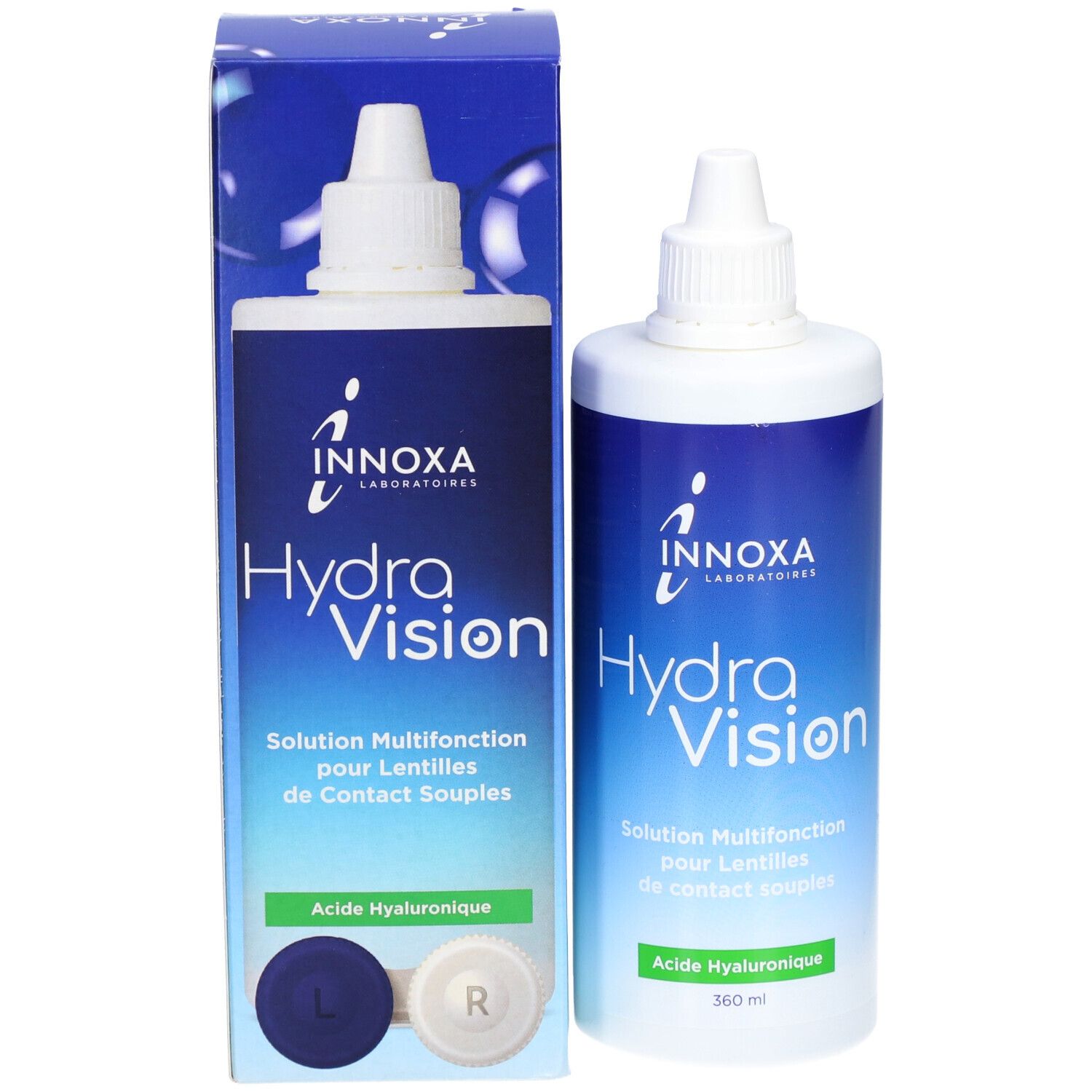 Flacon et emballage du produit. Emballage bleu et blanc avec nom du produit et ingrédients. Volume : 360 ml.