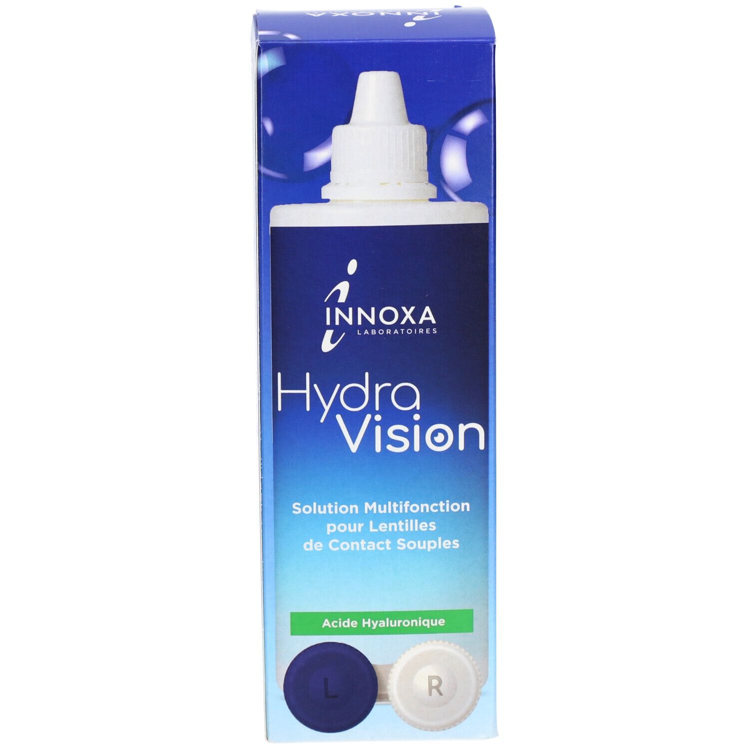 Flacon et emballage du produit. Emballage bleu et blanc avec nom du produit et ingrédients. Volume : 360 ml.