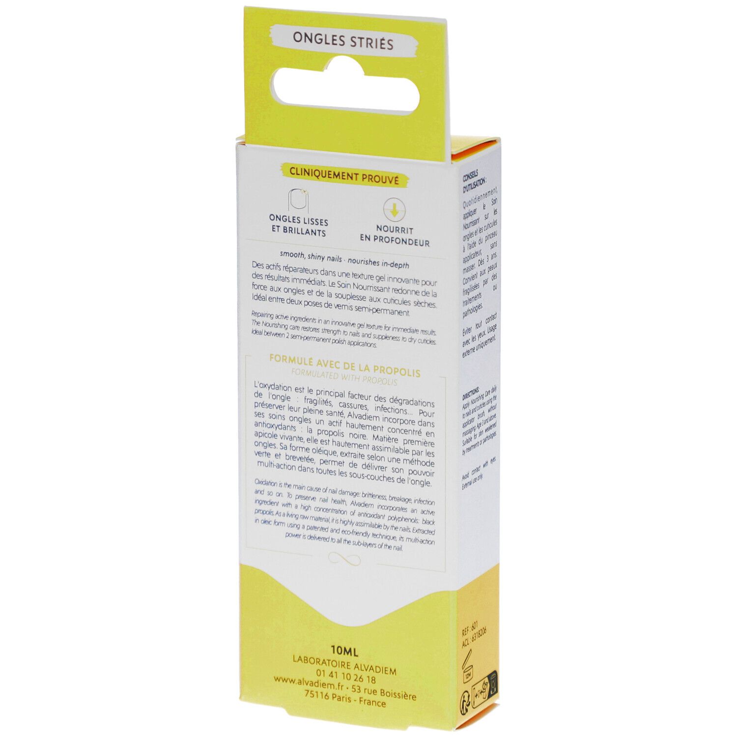 Boîte, dos. Texte: ALVADIEM, Ongles cassants et cuticules sèches. Description du produit et ingrédients.