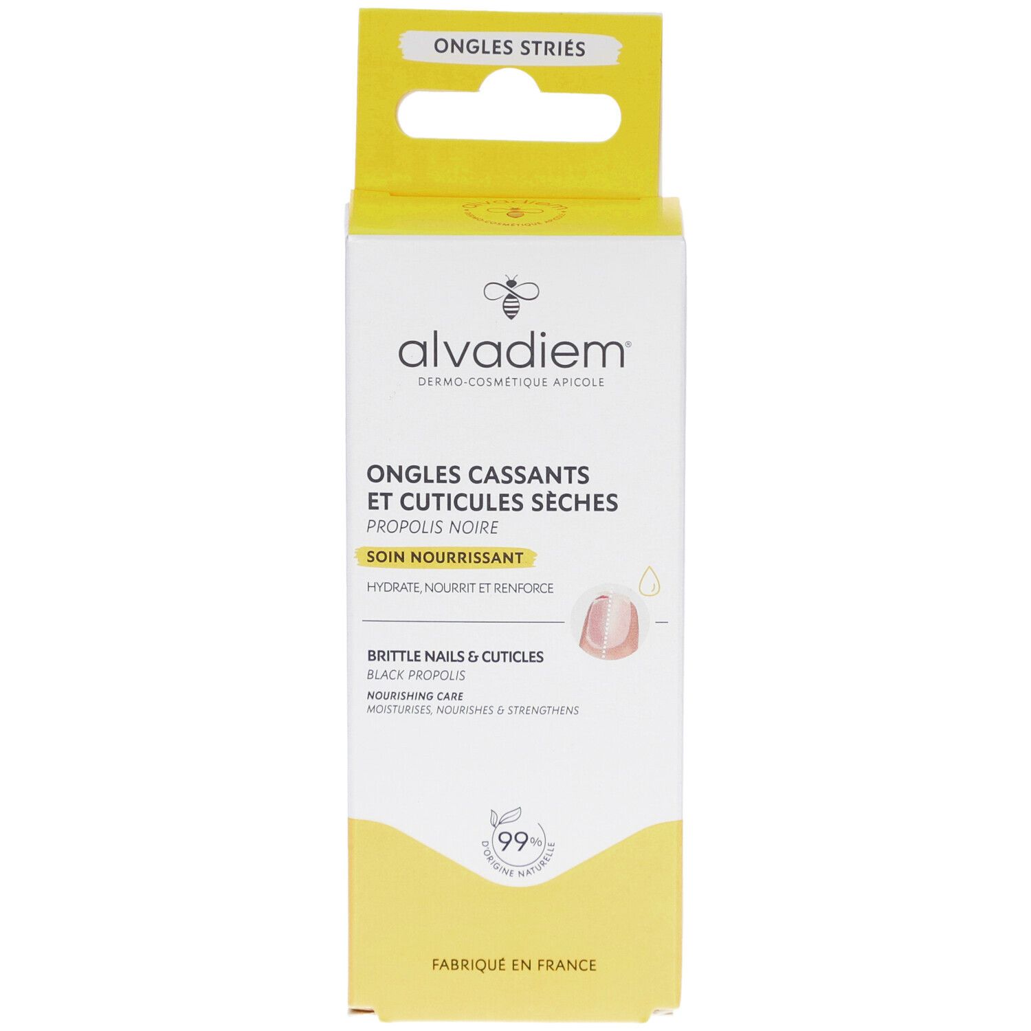 Boîte blanche et jaune avec informations produit. Texte: ALVADIEM, Ongles cassants et cuticules sèches. Illustration d'un ongle.