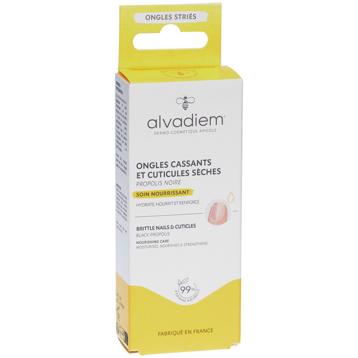 Boîte blanche et jaune avec informations produit. Texte: ALVADIEM, Ongles cassants et cuticules sèches. Illustration d'un ongle.