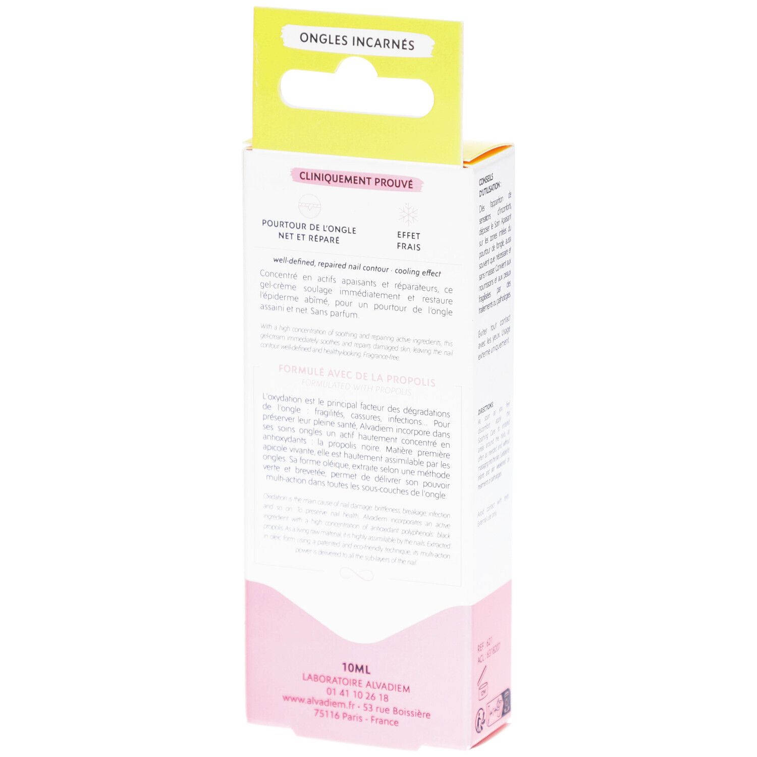 Dos de la boîte ALVADIEM. Blanc et rose. Texte: Cliniquement Prouvé, Pourtour de l'ongle, Net et Réparé. 10ml.
