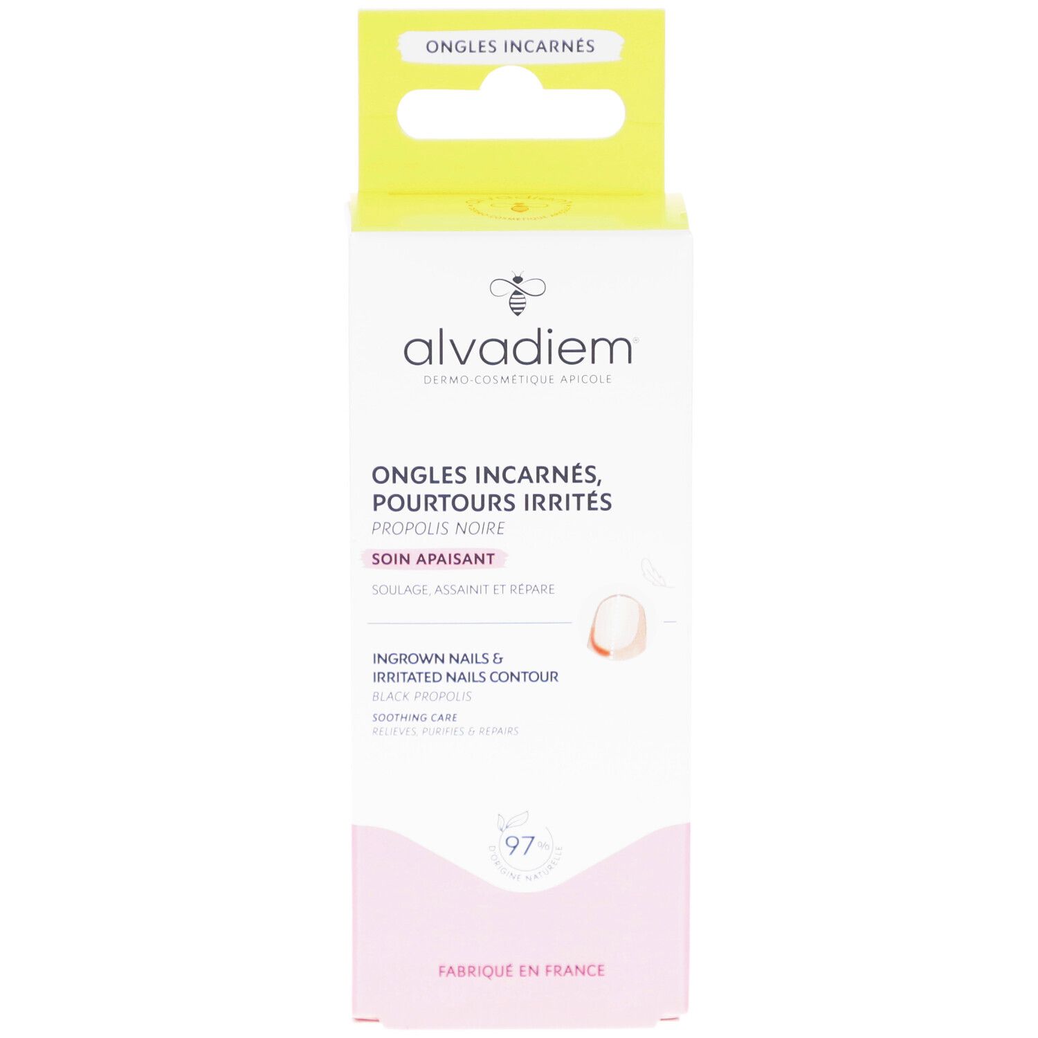 Boîte ALVADIEM. Blanc, rose et jaune. Texte: Ongles Incarnés, Pourtours Irrités, Propolis Noire, Soin Apaisant. Illustration du produit.
