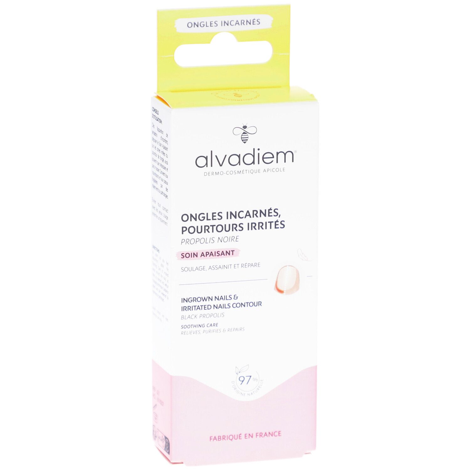 Boîte ALVADIEM. Blanc, rose et jaune. Texte: Ongles Incarnés, Pourtours Irrités, Propolis Noire, Soin Apaisant. Illustration du produit.