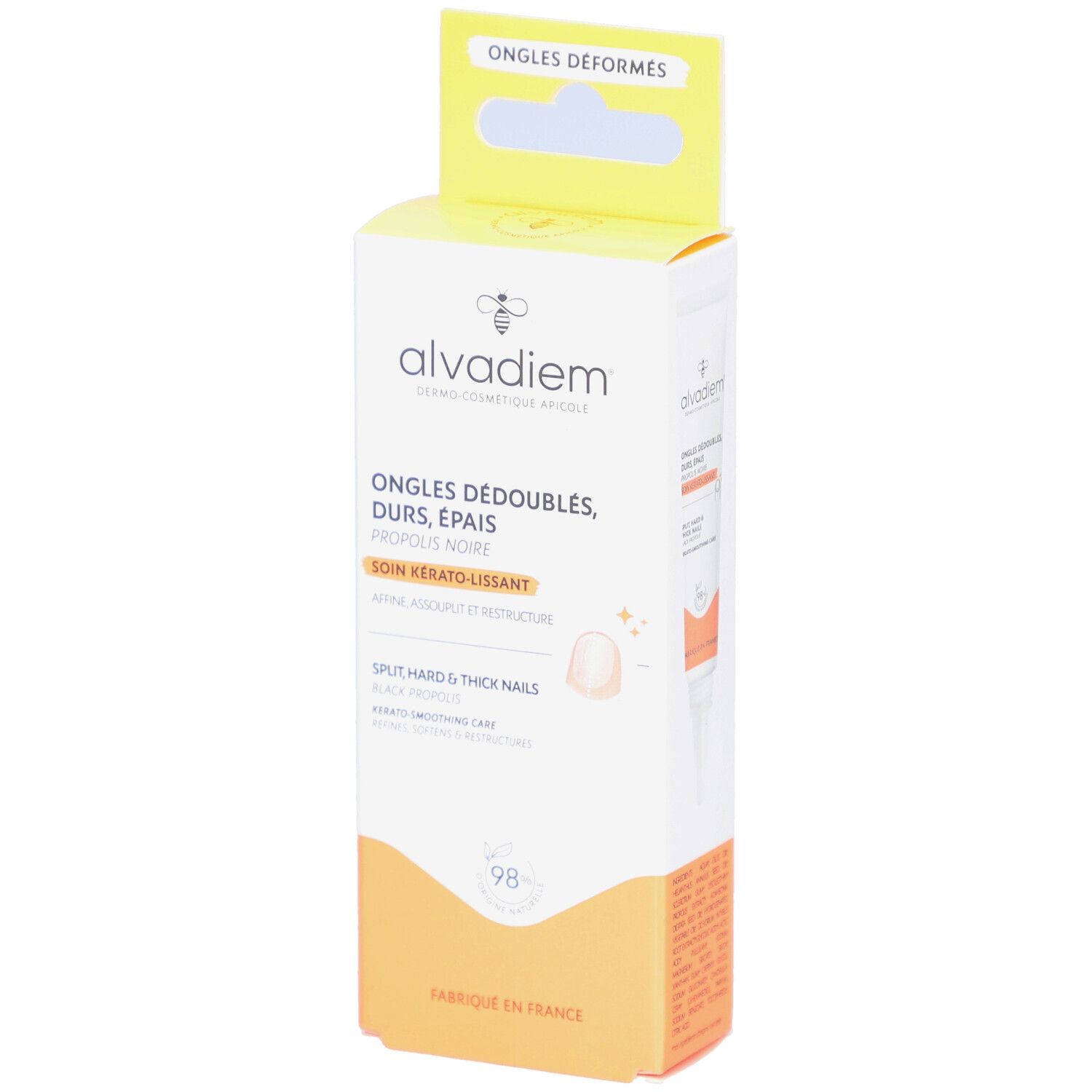 Boîte ALVADIEM. Emballage blanc et jaune avec informations produit et logo. Texte: Ongles Déboulés, Durs, Épais. Slogan: Soin Kérato-Lissant.