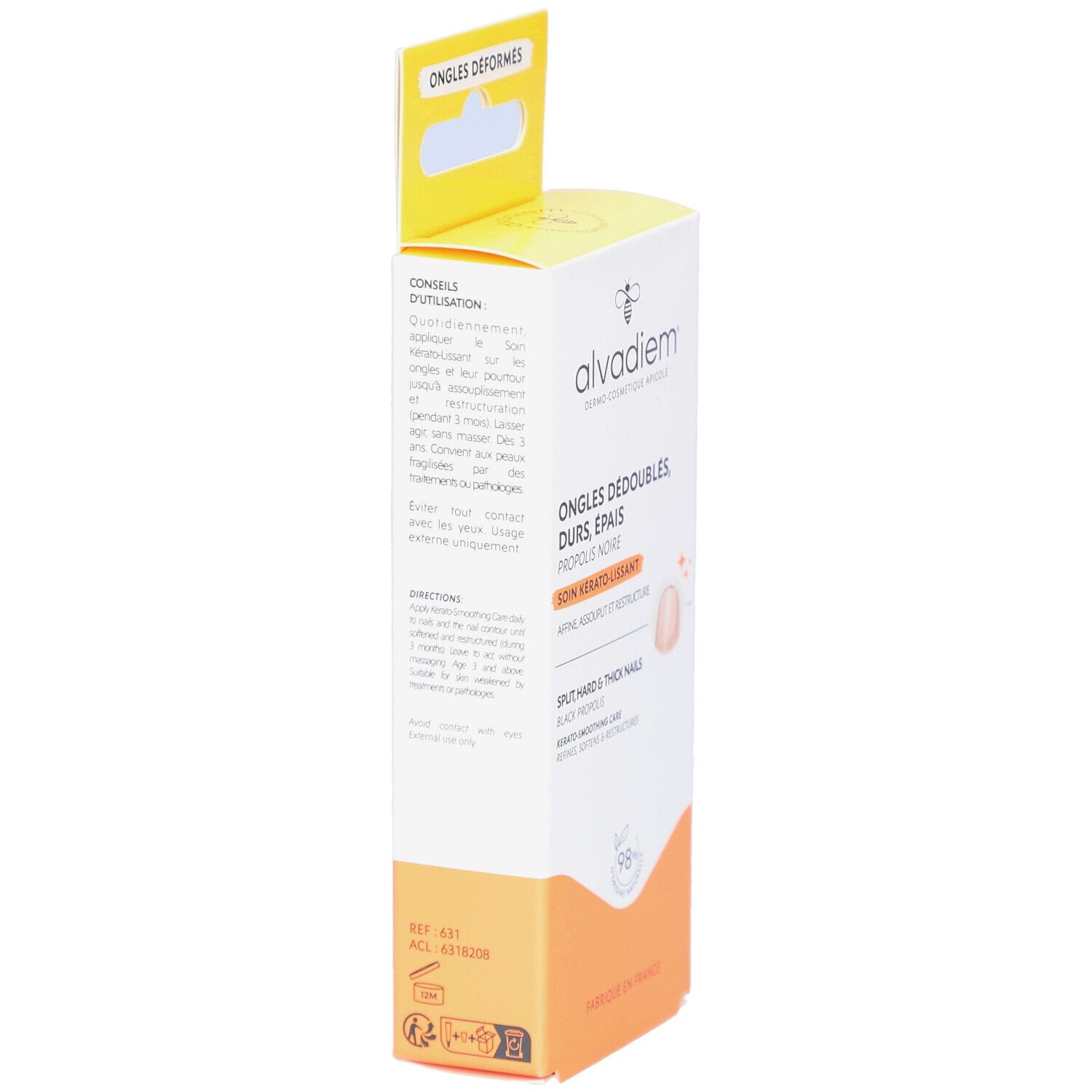 Vue latérale de la boîte ALVADIEM. Boîte blanche et jaune avec texte et logo. Contient des informations sur l'utilisation et les ingrédients.