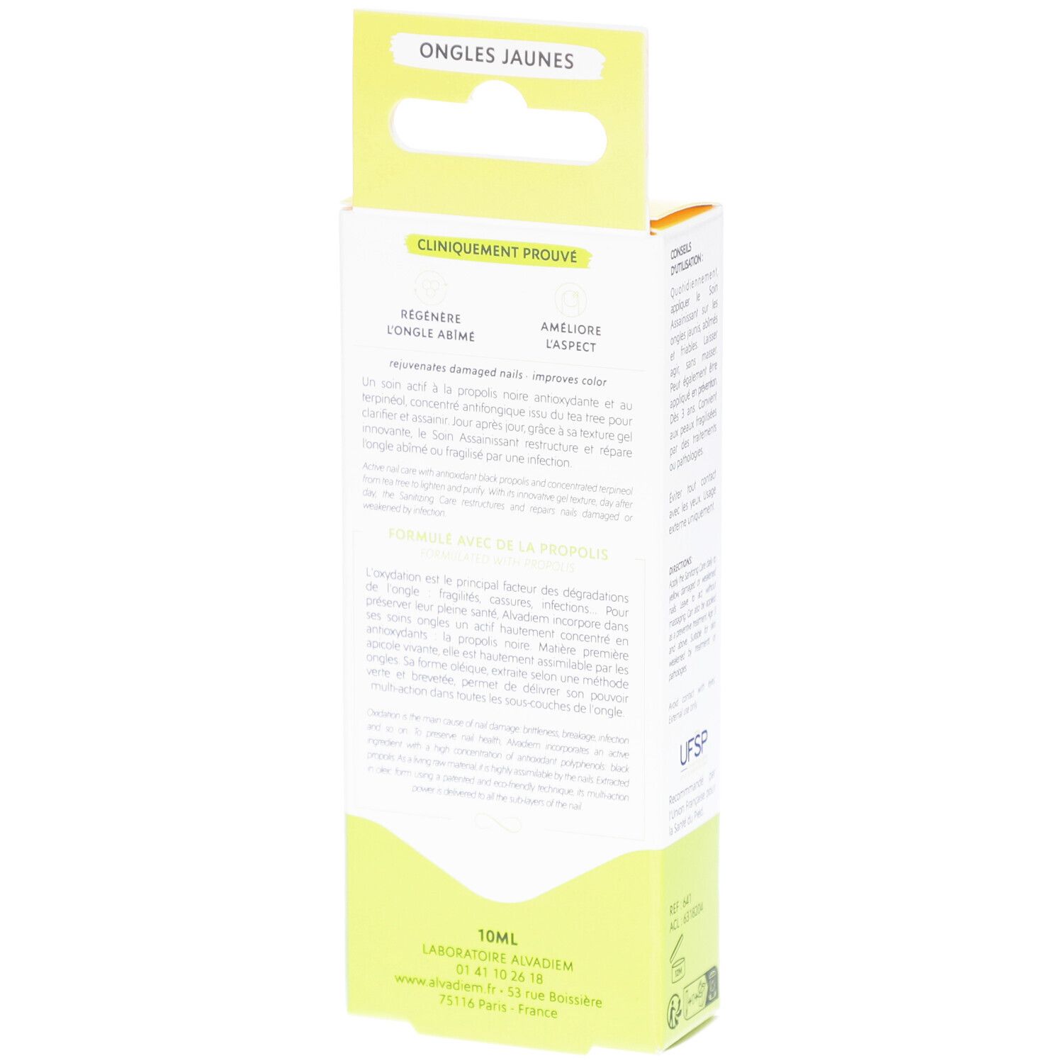 Dos de l'emballage de ALVADIEM Soin Assainissant Ongles. Boîte jaune et blanche avec texte. Contient des informations d'utilisation et ingrédients.