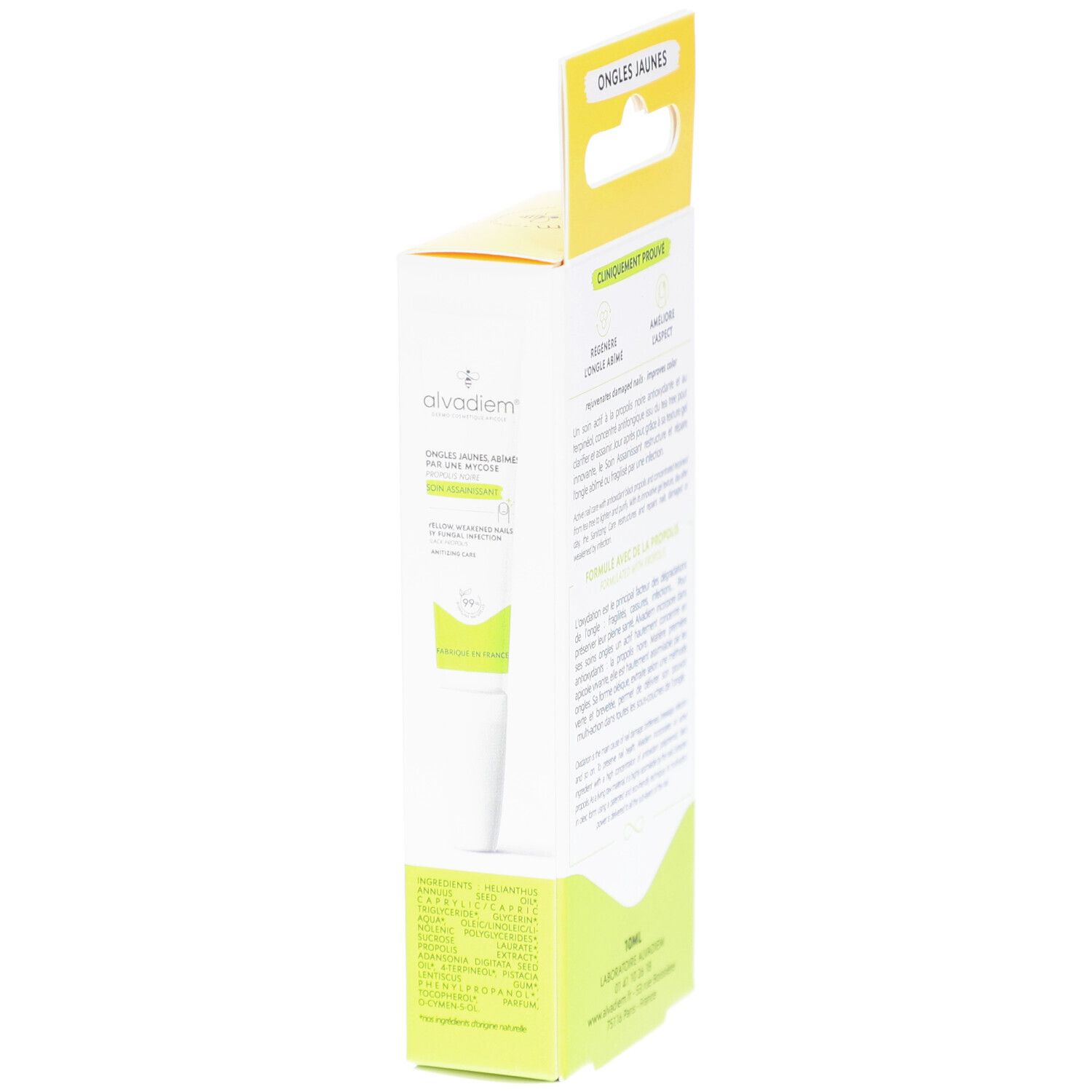 Vue latérale de l'emballage de ALVADIEM Soin Assainissant Ongles. Boîte jaune et blanche avec texte. Contient des informations et ingrédients.