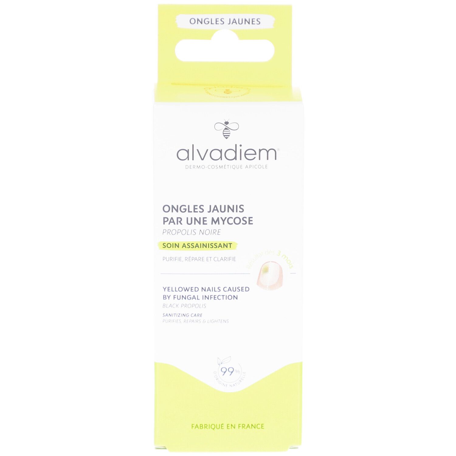 Boîte de ALVADIEM Soin Assainissant Ongles. Emballage blanc et jaune avec informations produit et logo. Inscription : Ongles jaunis par une mycose.