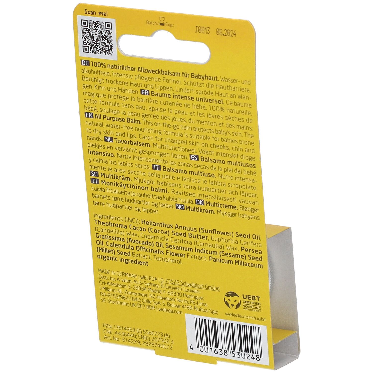 Dos de l'emballage jaune. Texte multilingue. Liste des ingrédients. Code QR. Inscription : WELEDA, Baume intense universel 100% naturel.