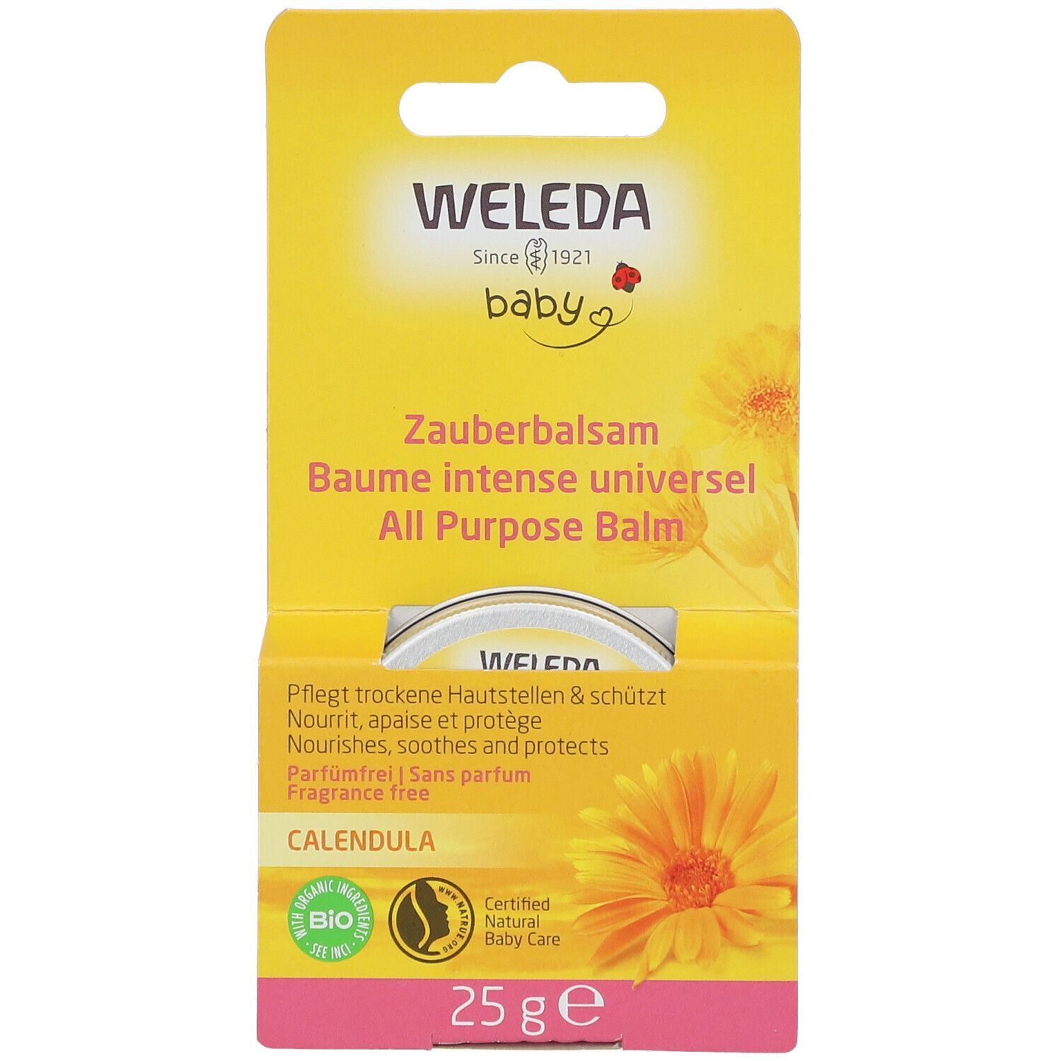 Baume pour bébé dans un emballage jaune. Boîte ouverte avec couvercle. Inscription : WELEDA Baby, Baume intense universel, Calendula, 25 g.