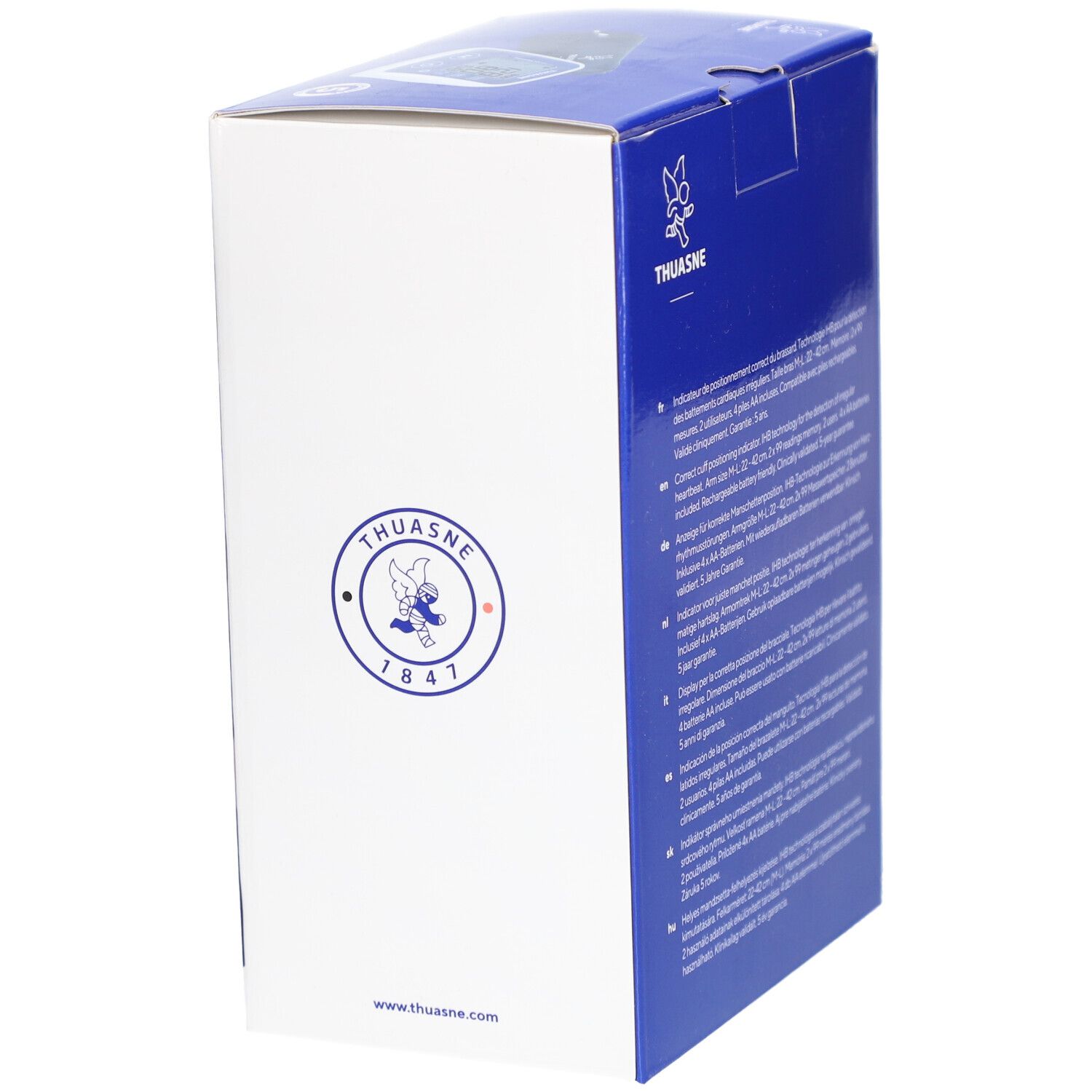 Emballage du tensiomètre. Marque Thuasne. Logo et informations produit. Couleurs bleu et blanc.