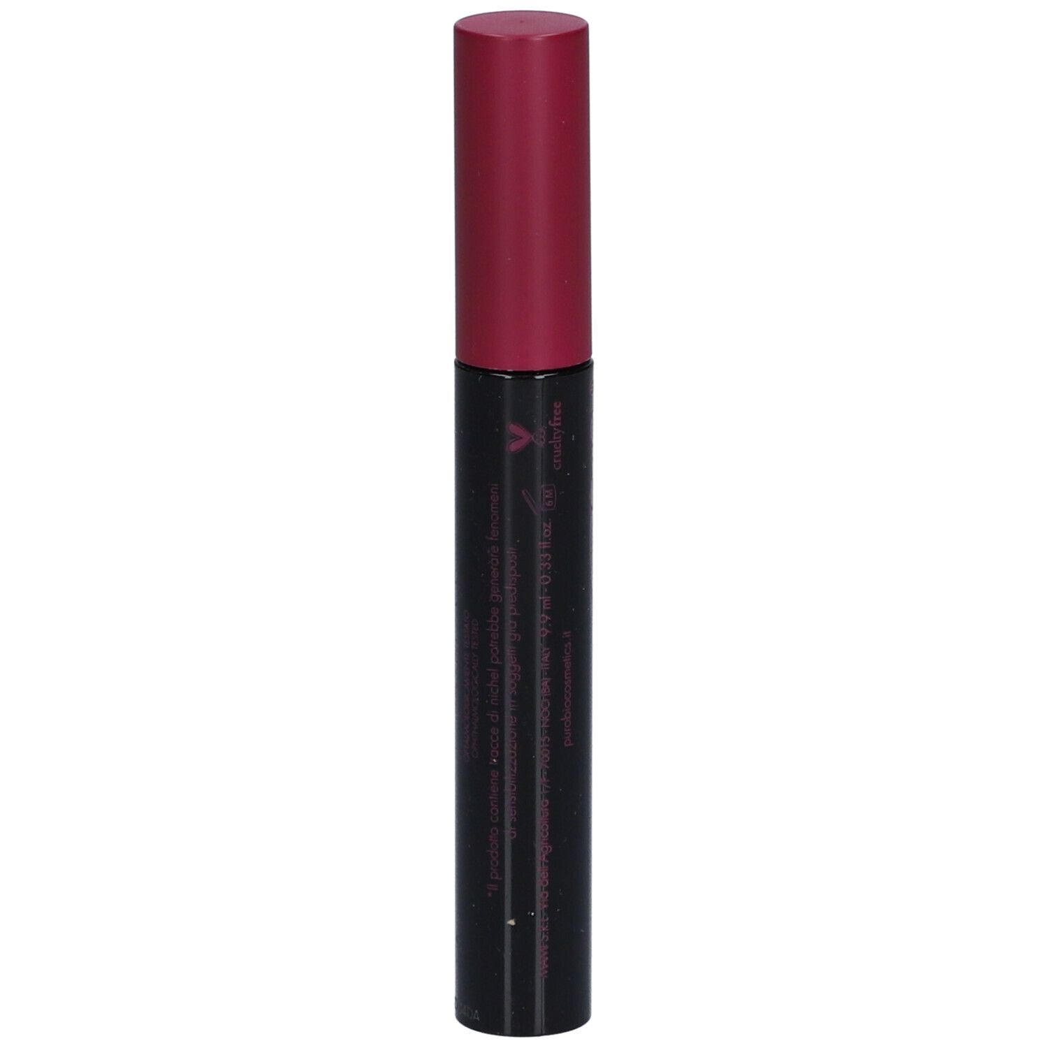 Tube de mascara noir avec bouchon rose. Texte : informations sur le produit.