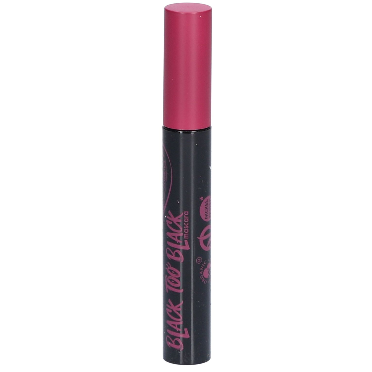 Tube de mascara noir avec bouchon rose. Texte : Black Too Black Mascara.