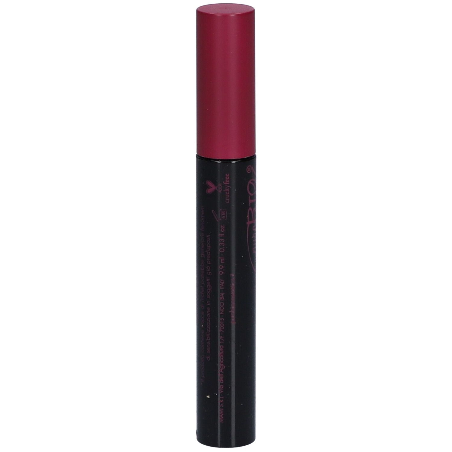 Tube de mascara noir avec bouchon rose. Texte : PUROBIO, Black Too Black, informations produit.