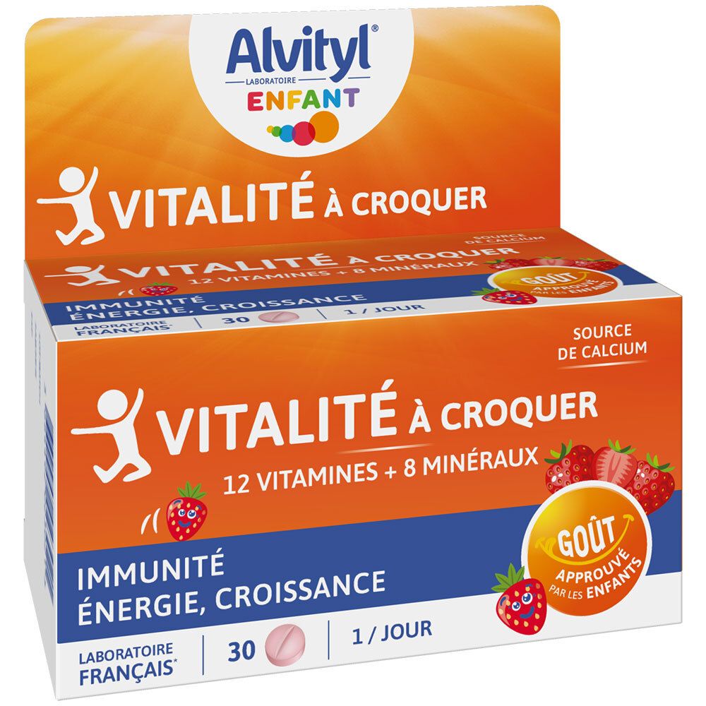 Boîte Alvityl Vitalité à Croquer. Orange et blanc, avec nom du produit et illustrations. Contient 30 comprimés.