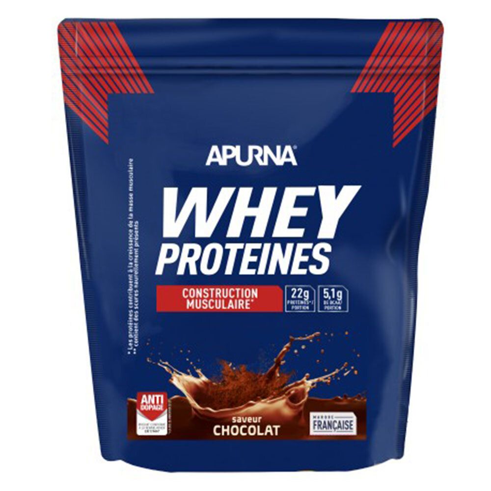 Sachet bleu foncé APURNA WHEY PROTEINES. Inscription blanche. Saveur chocolat. 22g protéines, 5,1g sucres. Marque Française.