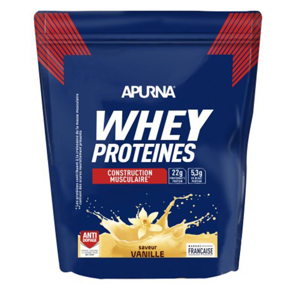 Sachet bleu foncé avec inscription blanche "WHEY PROTEINES". En dessous, "CONSTRUCTION MUSCULAIRE" et "Saveur Vanille". Logo "APURNA".