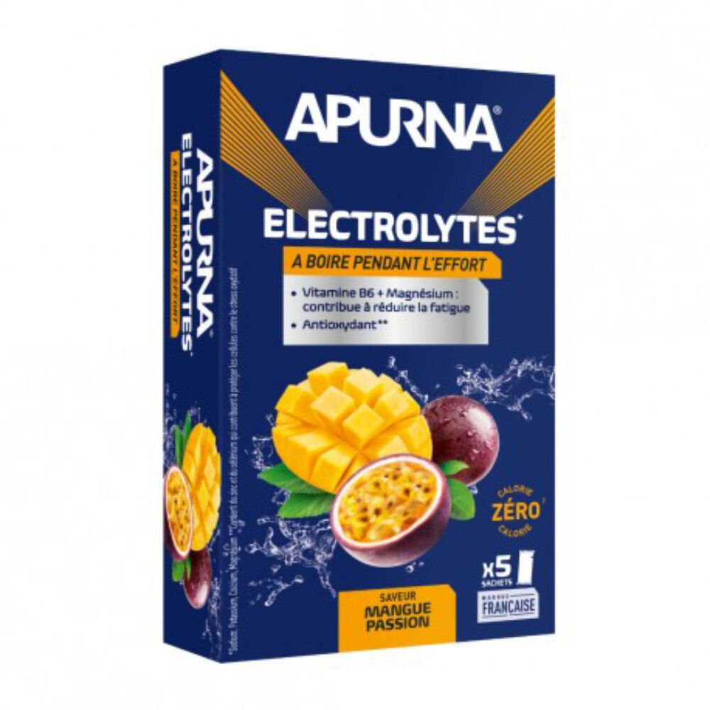 Boîte bleue et jaune APURNA ELECTROLYTES. Illustration de mangue et fruit de la passion. Contient 5 sachets. Saveur mangue passion.