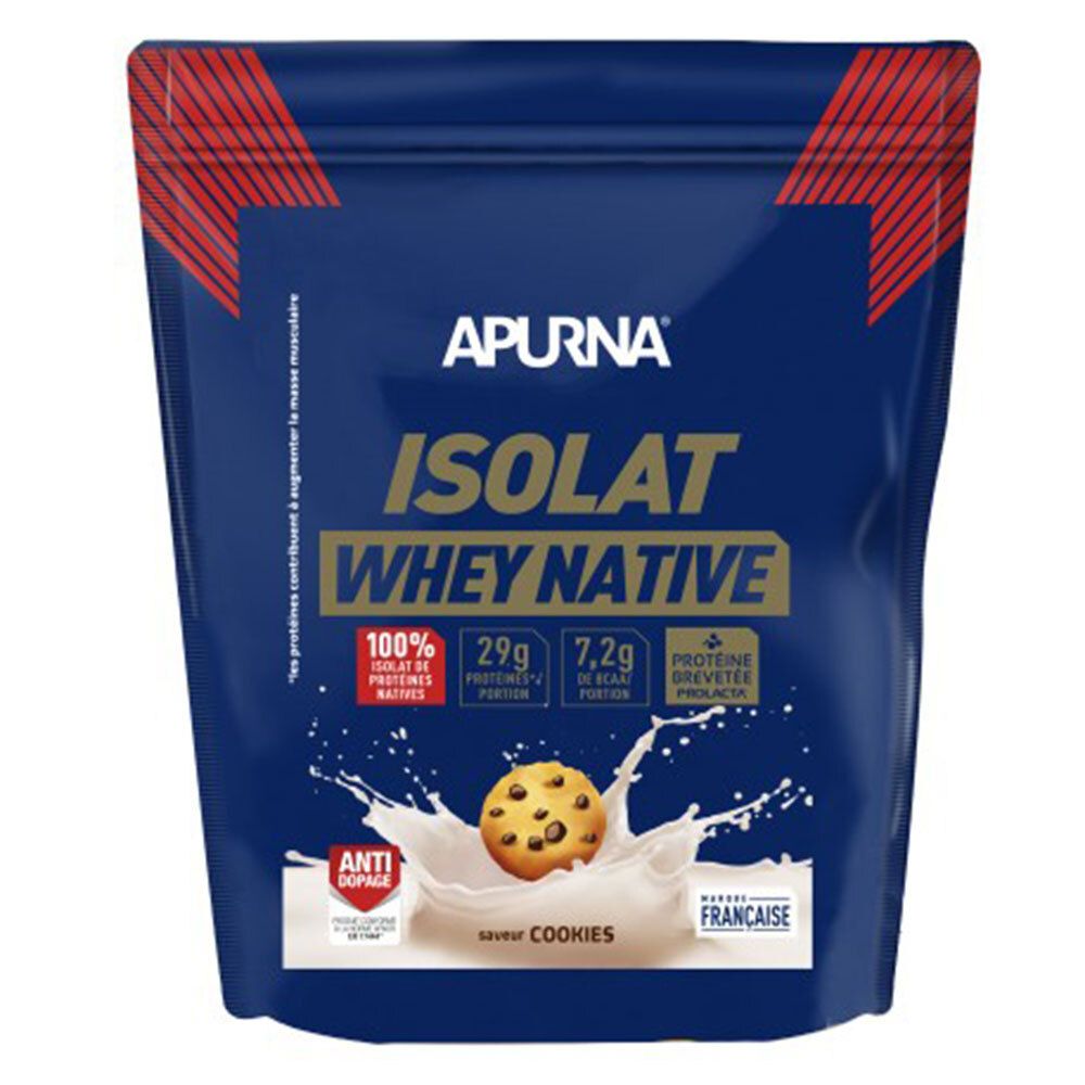 Sachet bleu APURNA ISOLAT WHEY NATIVE. Biscuit dans du lait. Texte: 100% ISOLAT DE PROTÉINES NATIVES, 29g PROTÉINES PAR PORTION, 7,2g BCAA. Saveur Cookies.