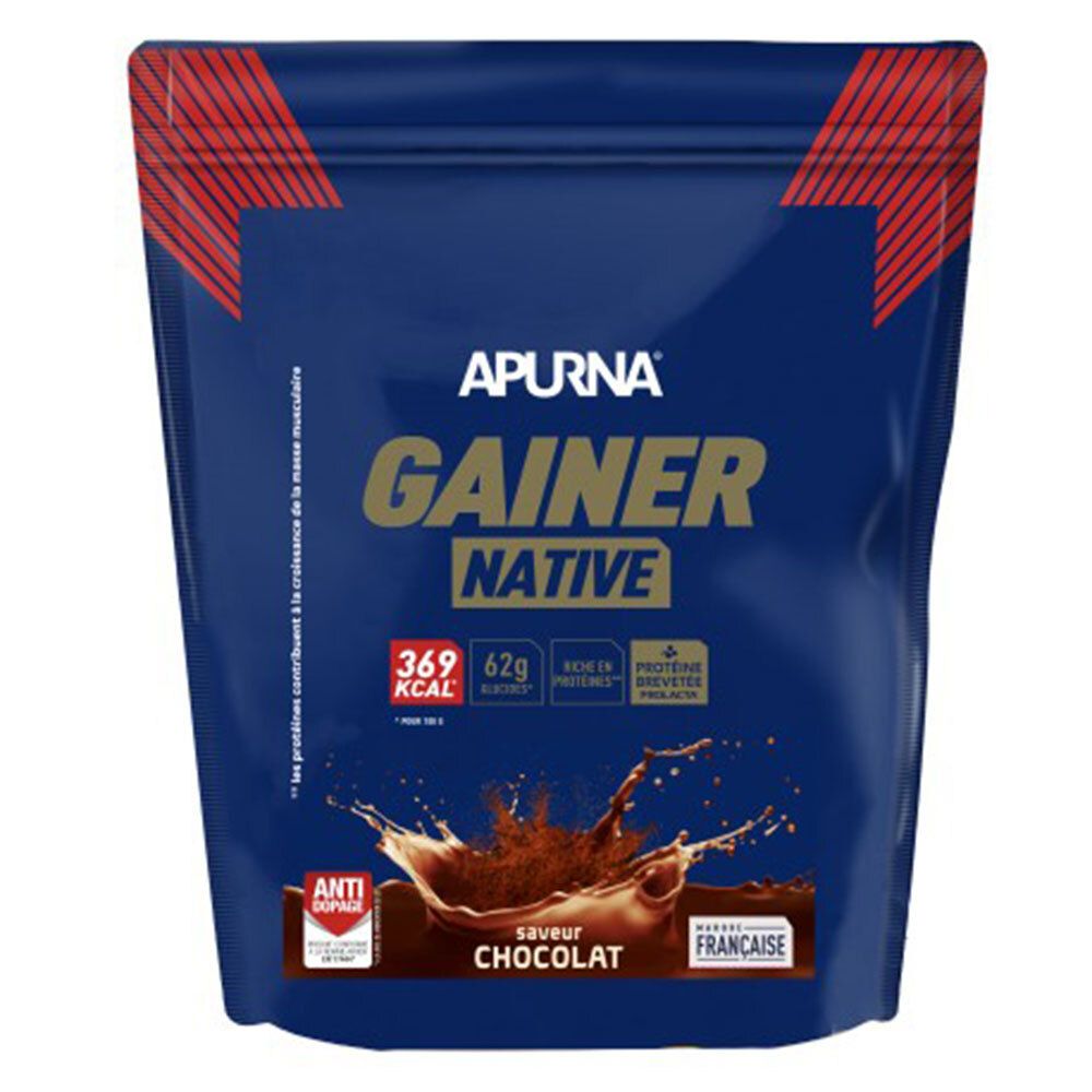 Sachet bleu APURNA GAINER NATIVE. Saveur chocolat. Contient 369 kcal. Drapeau français.