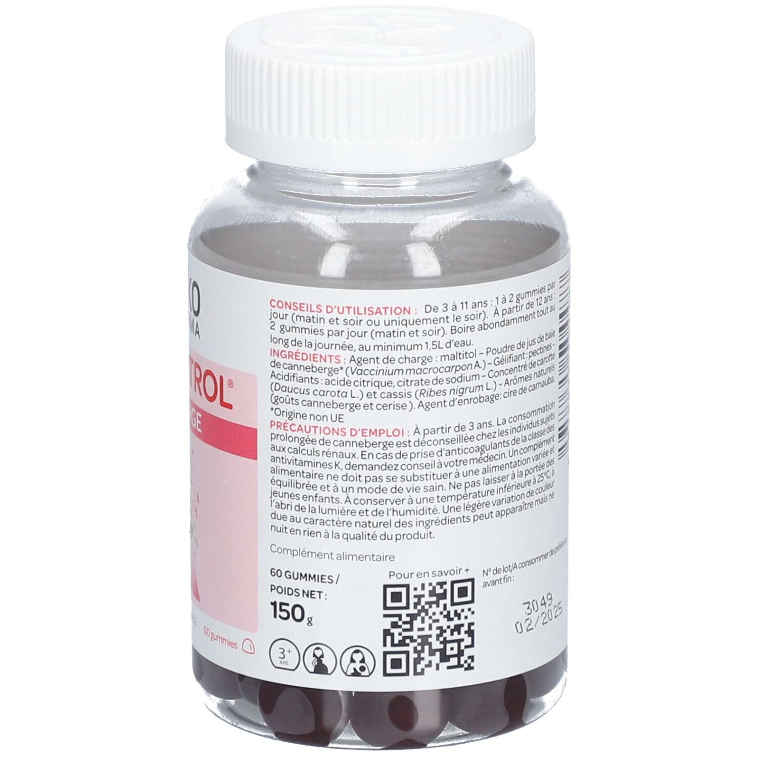 Dos du flacon. Texte avec instructions d'utilisation et ingrédients. Marque Arkopharma. Cys-Control. 60 gommes. 150g. Code QR.